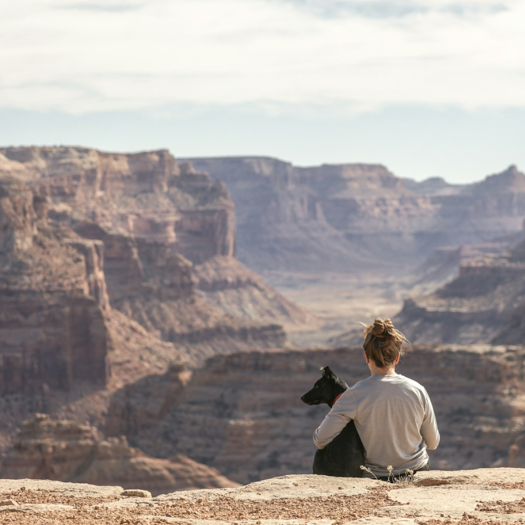 A woman and her dog sitting on the edge of a vast canyon