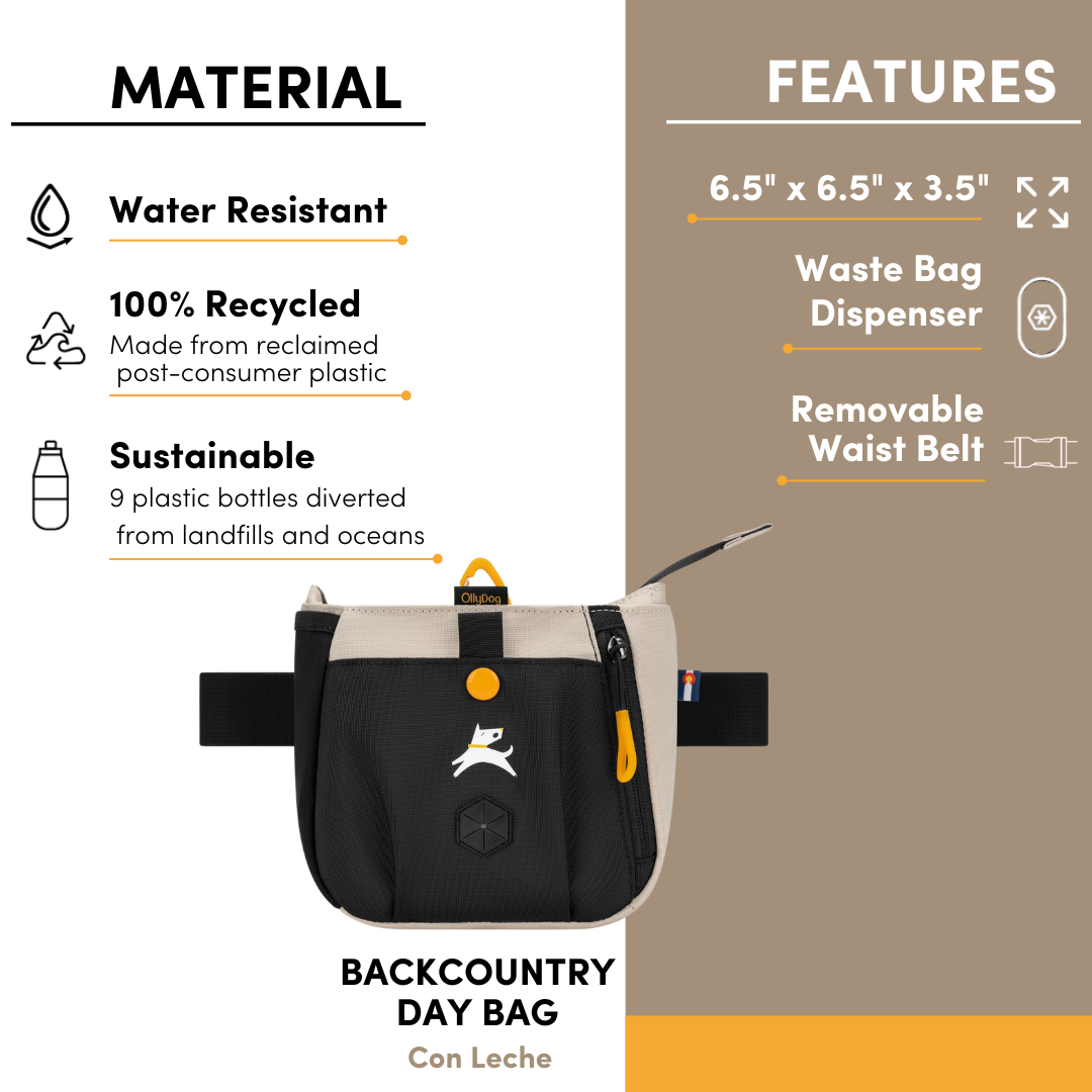 Product information sheet for the OllyDog Backcountry Day Bag in Con Leche color, highlighting features like water resistance, 100% recycled materials, sustainable design, waste bag dispenser, removable waist belt, and dimensions 6.5'' x 6.5'' x 3.5'' #color_con leche