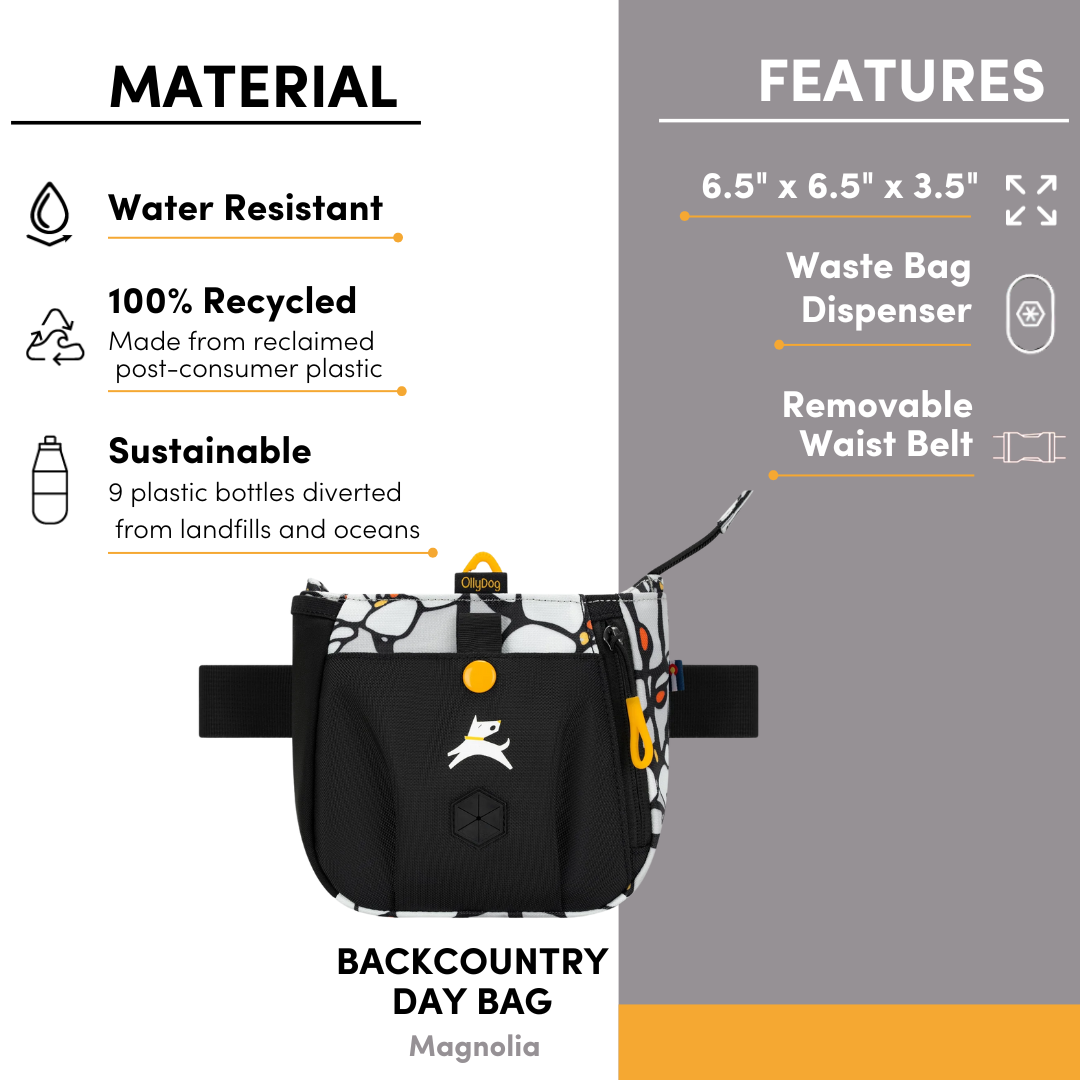 Product display of the Backcountry Day Bag in Magnolia design, highlighting features like water resistance, 100% recycled material, sustainability, waste bag dispenser, and removable waist belt #color_magnolia