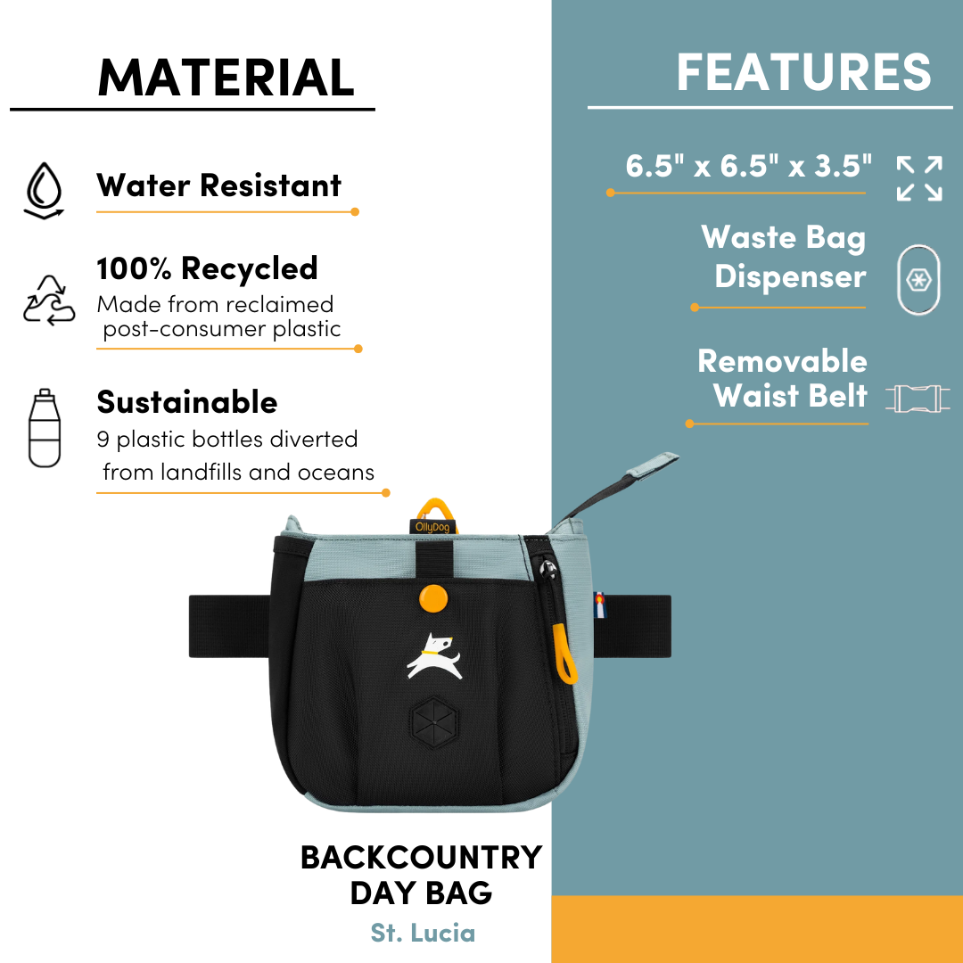 Product information sheet for the OllyDog Backcountry Day Bag in St. Lucia color, highlighting water resistance, 100% recycled materials, sustainable design, waste bag dispenser, removable waist belt, and dimensions 6.5'' x 6.5'' x 3.5'' #color_st. lucia