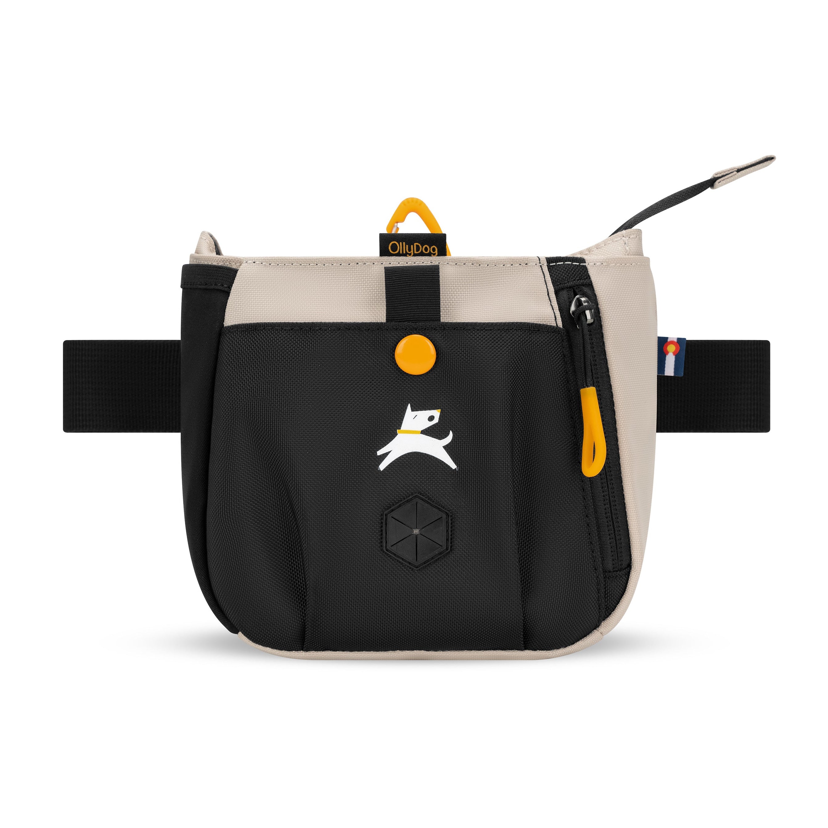 Flat front view of OllyDog’s Backcountry Day Bag in Con Leche, a practical dog walking waist pack featuring a zipper closure, dog poop bag holder, and adjustable waist strap. Ideal for hands-free dog training and perfect for hiking with dogs. Add Backountry Day Bag to your collection of dog walking accessories. #color_con leche