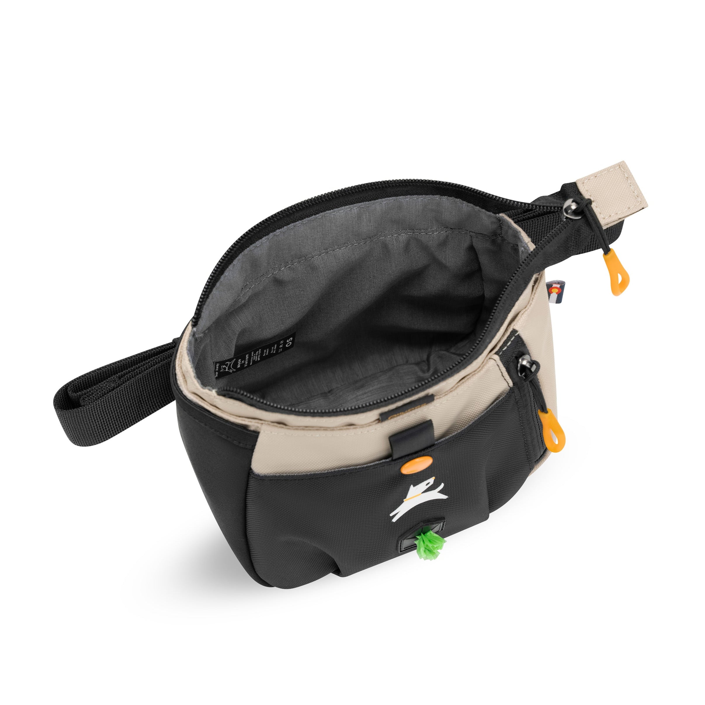 Opened view of OllyDog’s Backcountry Day Bag in Con Leche, a dog training tool designed for quick access to treats, ideal for rewarding good behavior. With a spacious compartment for storage, this practical dog hiking gear is perfect for convenient training while exploring dog friendly trails. #color_con leche