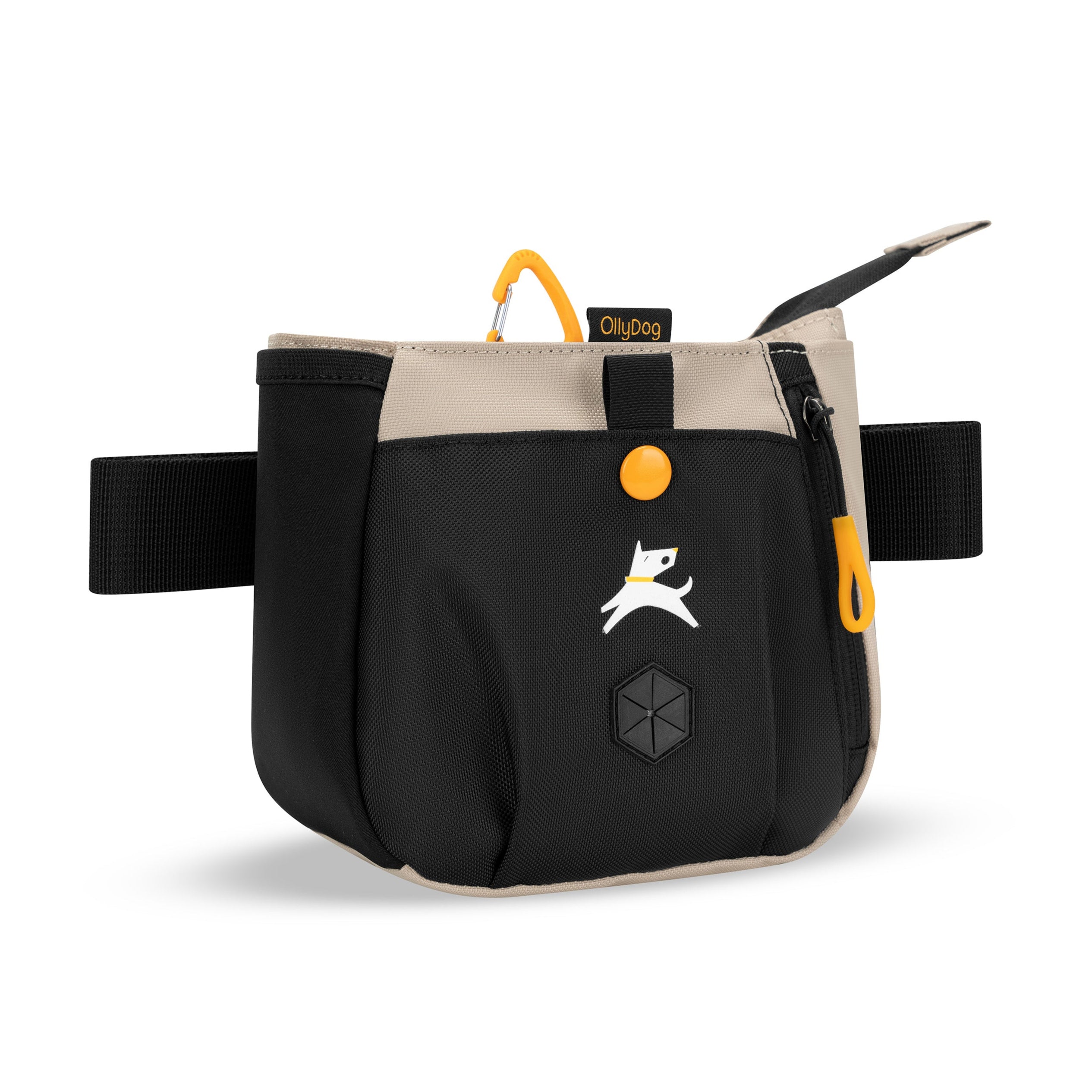 Angled front view of OllyDog’s Backcountry Day Bag in Con Leche, a versatile dog walking waist pack featuring a zipper closure, dog poop bag holder, and extended side pocket. Ideal for hiking with dogs, this roomy bag offers adjustable straps for hands-free convenience, perfect for dog friendly trails and essential dog hiking gear. #color_con leche