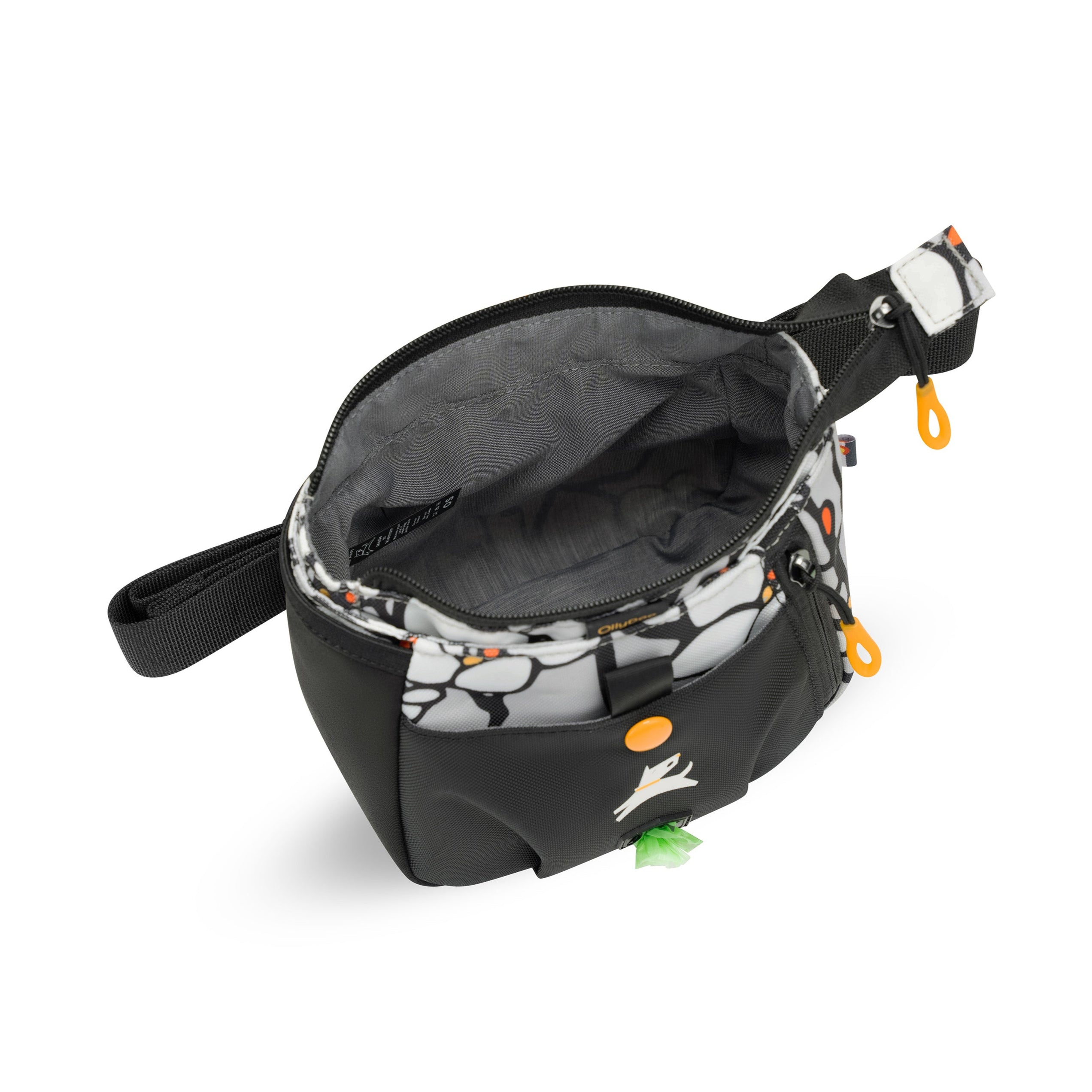 Opened view of OllyDog’s Backcountry Day Bag in Magnolia, a dog training tool designed for quick access to treats, ideal for rewarding good behavior. With a spacious compartment for storage, this practical dog hiking gear is perfect for convenient training while exploring dog friendly trails. #color_magnolia