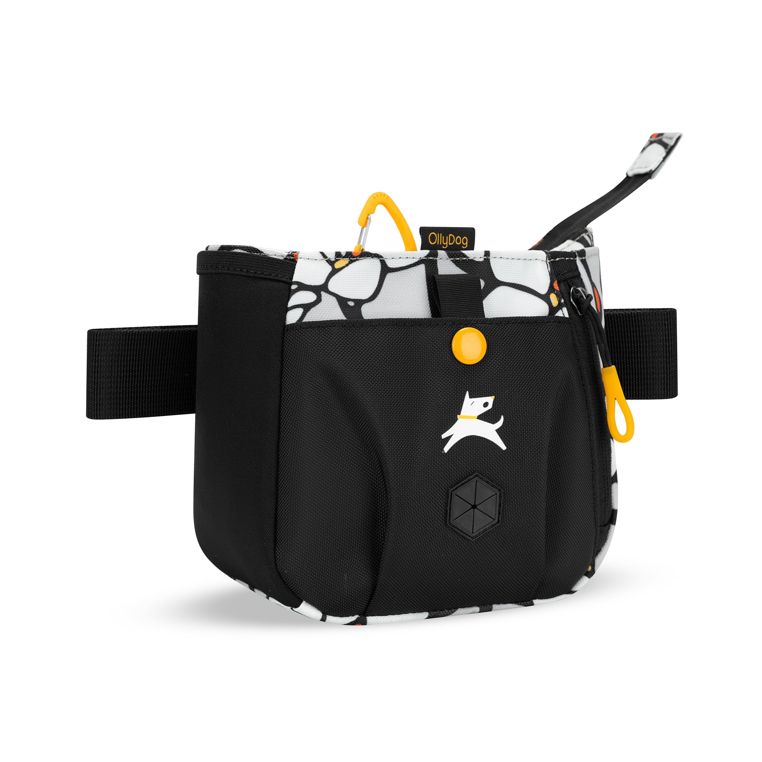 Angled front view of OllyDog’s Backcountry Day Bag in Magnolia, a versatile dog walking waist pack featuring a zipper closure, dog poop bag holder, and extended side pocket. Ideal for hiking with dogs, this roomy bag offers adjustable straps for hands-free convenience, perfect for dog friendly trails and essential dog hiking gear. #color_magnolia