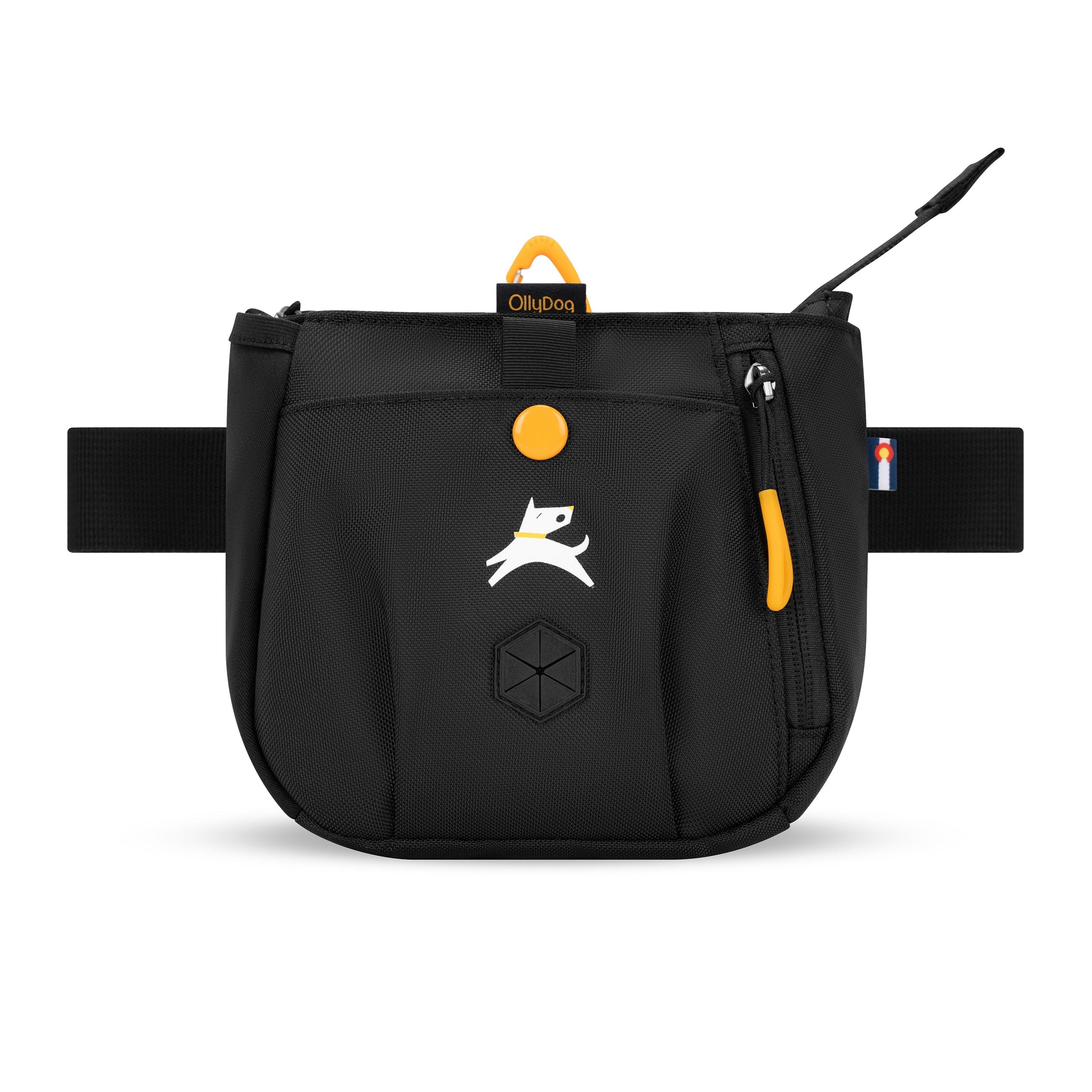 Flat front view of OllyDog’s Backcountry Day Bag in Raven S'25, a practical dog walking waist pack featuring a zipper closure, dog poop bag holder, and adjustable waist strap. Ideal for hands-free dog training and perfect for hiking with dogs. Add Backountry Day Bag to your collection of dog walking accessories. #color_raven s'25