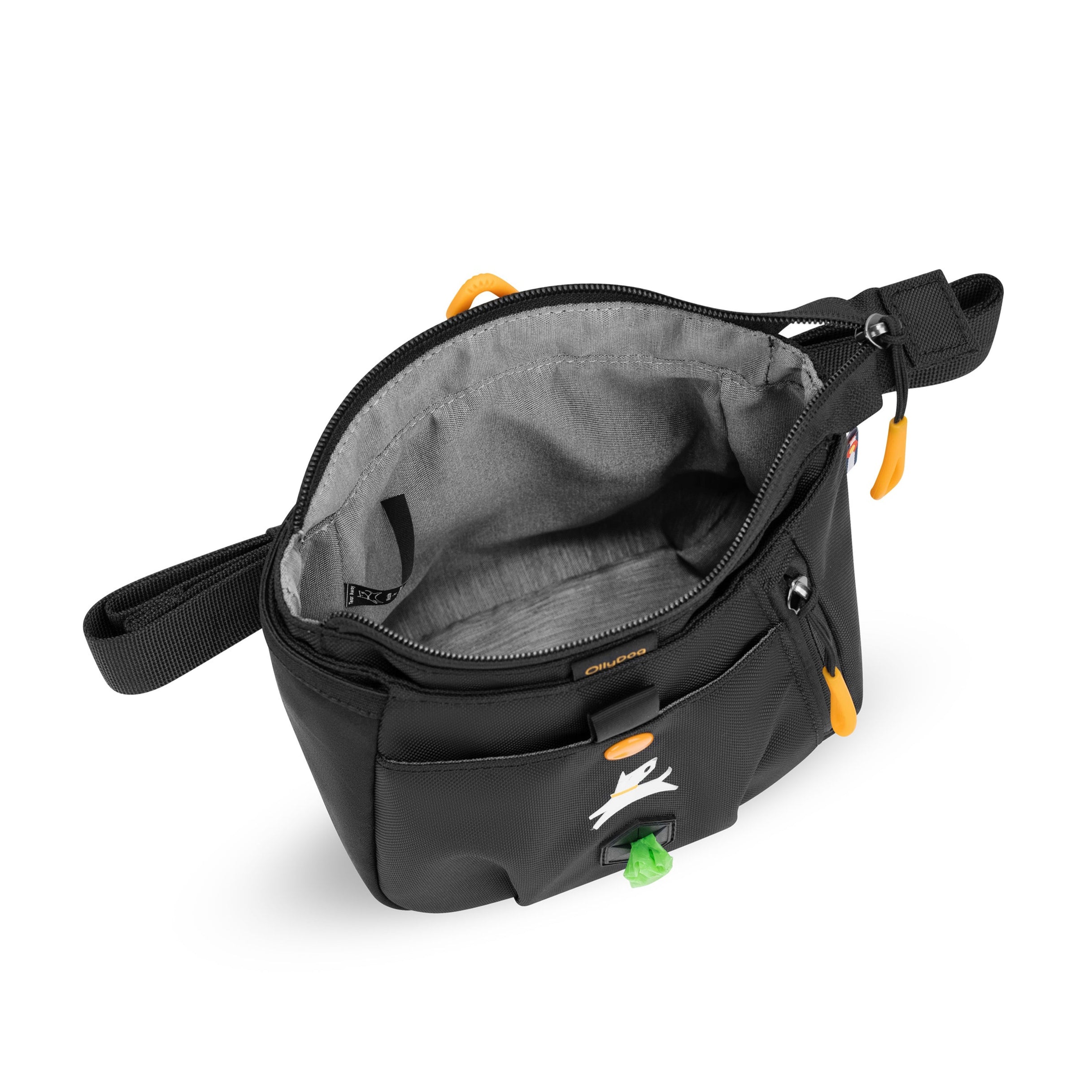 Opened view of OllyDog’s Backcountry Day Bag in Raven S'25, a dog training tool designed for quick access to treats, ideal for rewarding good behavior. With a spacious compartment for storage, this practical dog hiking gear is perfect for convenient training while exploring dog friendly trails. #color_raven s'25