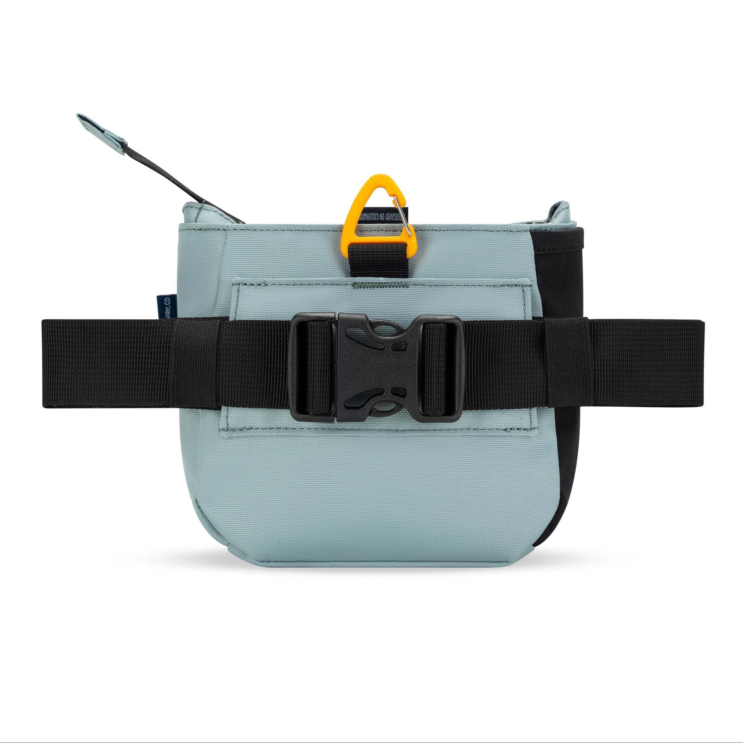 Back view of OllyDog’s Backcountry Day Bag in St. Lucia, showcasing the removable belt strap with a plastic buckle. This versatile dog training pouch also includes a convenient clip, making it become one of essential dog walking accessories. #color_st. lucia