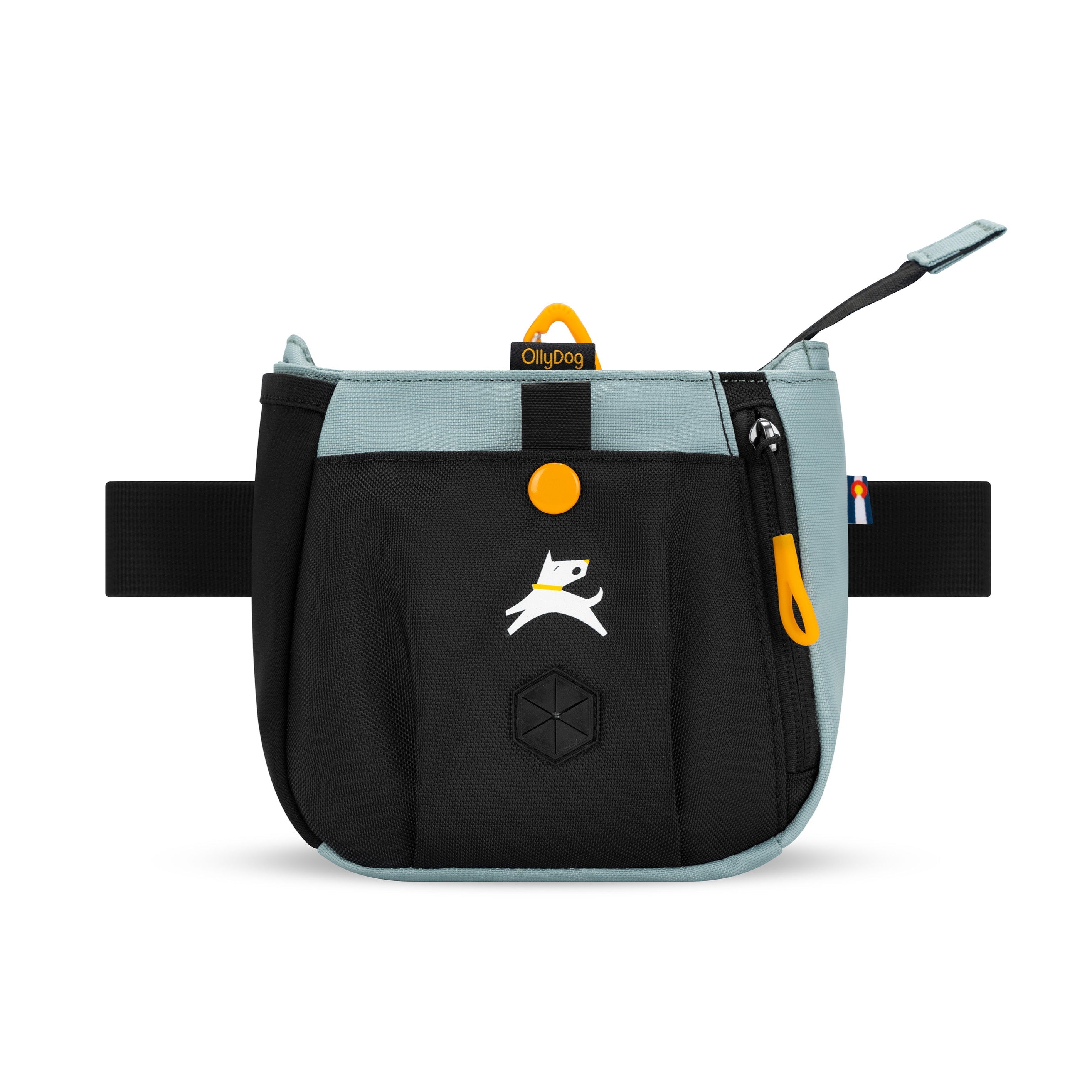 Flat front view of OllyDog’s Backcountry Day Bag in St. Lucia, a practical dog walking waist pack featuring a zipper closure, dog poop bag holder, and adjustable waist strap. Ideal for hands-free dog training and perfect for hiking with dogs. Add Backountry Day Bag to your collection of dog walking accessories. #color_st. lucia