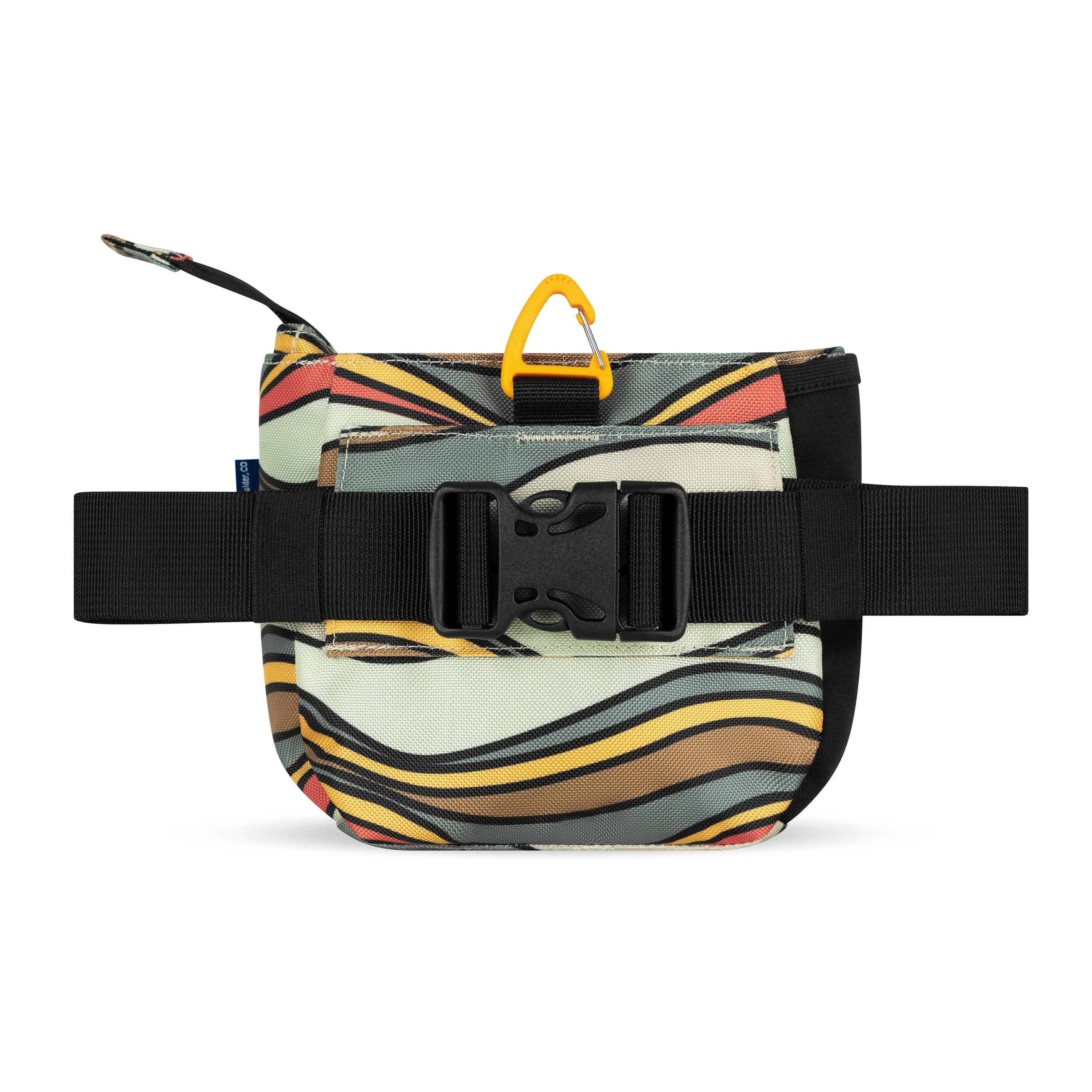 Back view of OllyDog’s Backcountry Day Bag in Ventura '73, showcasing the removable belt strap with a plastic buckle. This versatile dog training pouch also includes a convenient clip, making it become one of essential dog walking accessories. #color_ventura '73