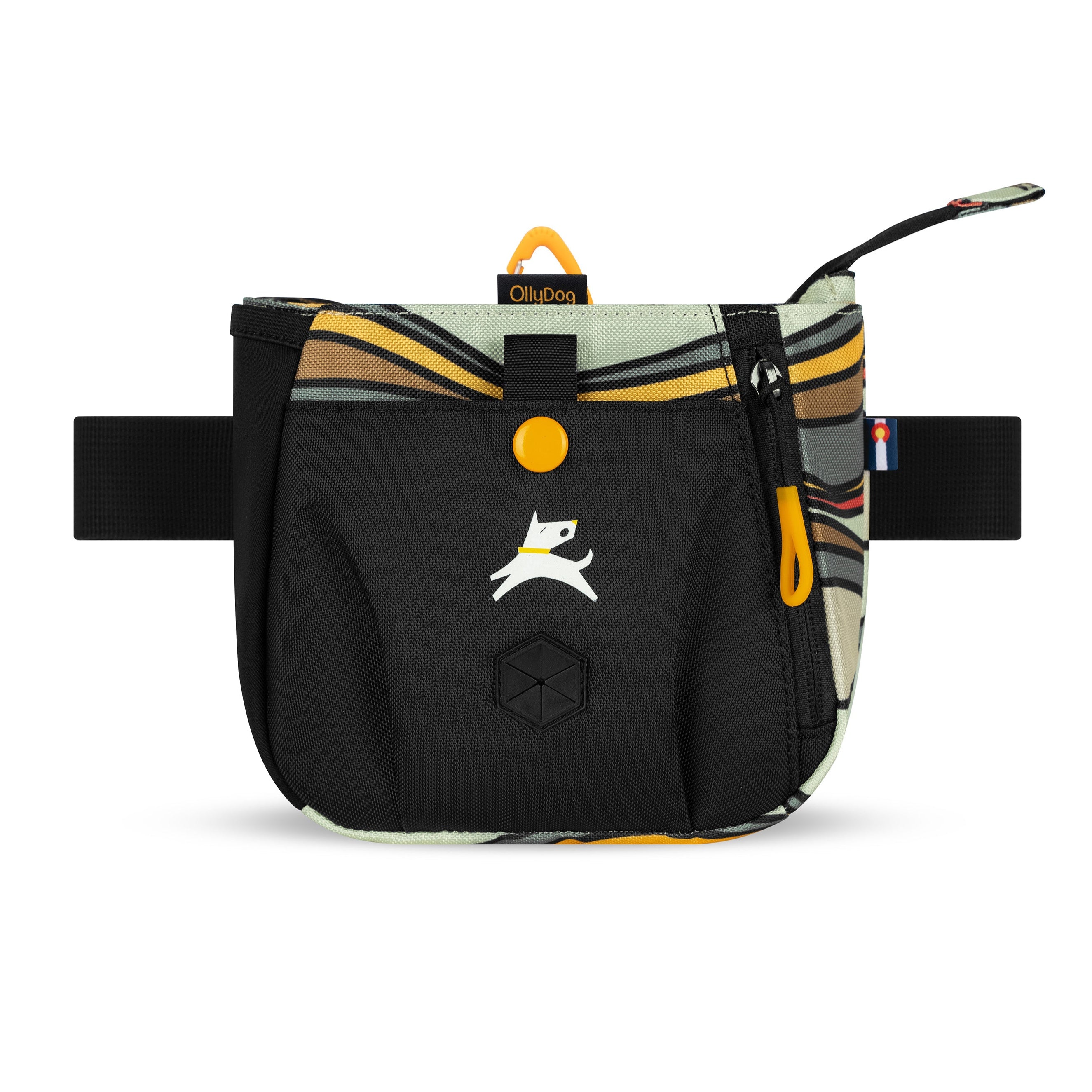 Flat front view of OllyDog’s Backcountry Day Bag in Ventura '73, a practical dog walking waist pack featuring a zipper closure, dog poop bag holder, and adjustable waist strap. Ideal for hands-free dog training and perfect for hiking with dogs. Add Backountry Day Bag to your collection of dog walking accessories. #color_ventura '73