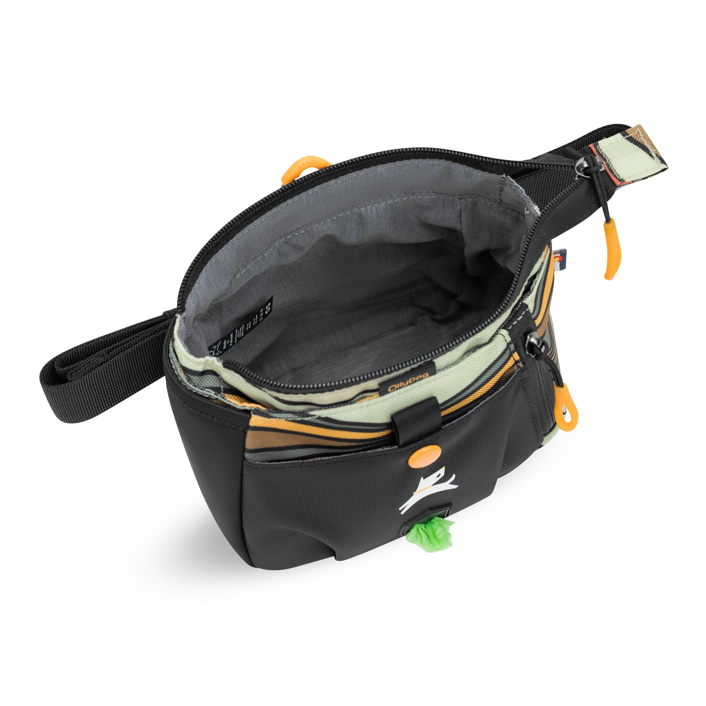 Opened view of OllyDog’s Backcountry Day Bag in Ventura '73, a dog training tool designed for quick access to treats, ideal for rewarding good behavior. With a spacious compartment for storage, this practical dog hiking gear is perfect for convenient training while exploring dog friendly trails. #color_ventura '73