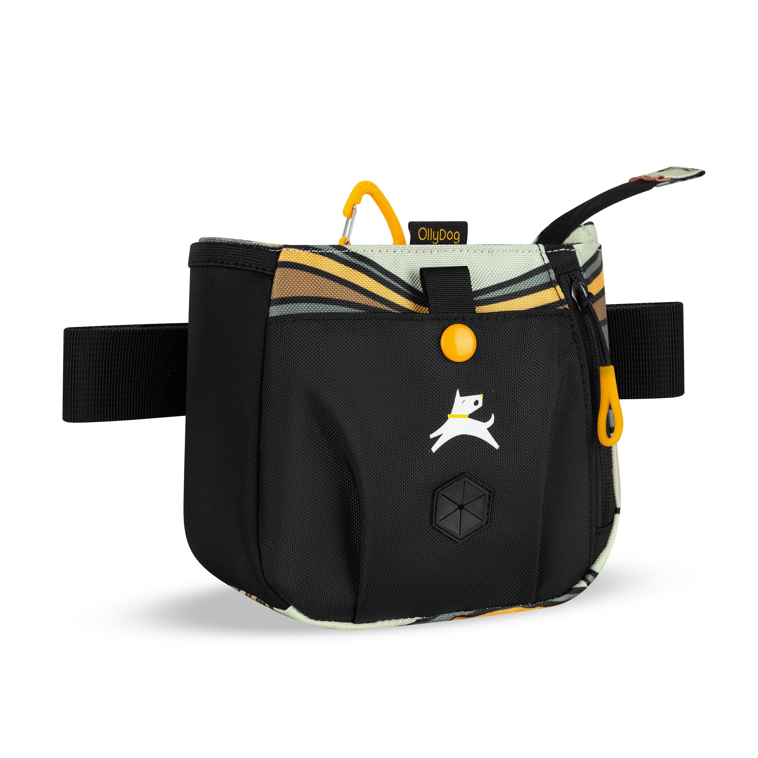 Angled front view of OllyDog’s Backcountry Day Bag in Ventura '73, a versatile dog walking waist pack featuring a zipper closure, dog poop bag holder, and extended side pocket. Ideal for hiking with dogs, this roomy bag offers adjustable straps for hands-free convenience, perfect for dog friendly trails and essential dog hiking gear. #color_ventura '73