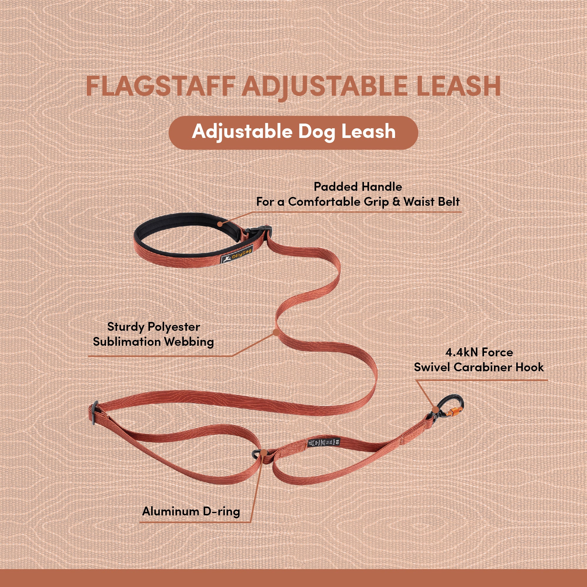 Infographic of the OllyDog Flagstaff Adjustable Dog Leash in Clay Woodgrain color. Highlights include padded handle for grip and waist belt use, sturdy polyester sublimation webbing, aluminum D-ring, and 4.4kN force swivel carabiner hook, all displayed on a textured clay-colored background #color_clay woodgrain