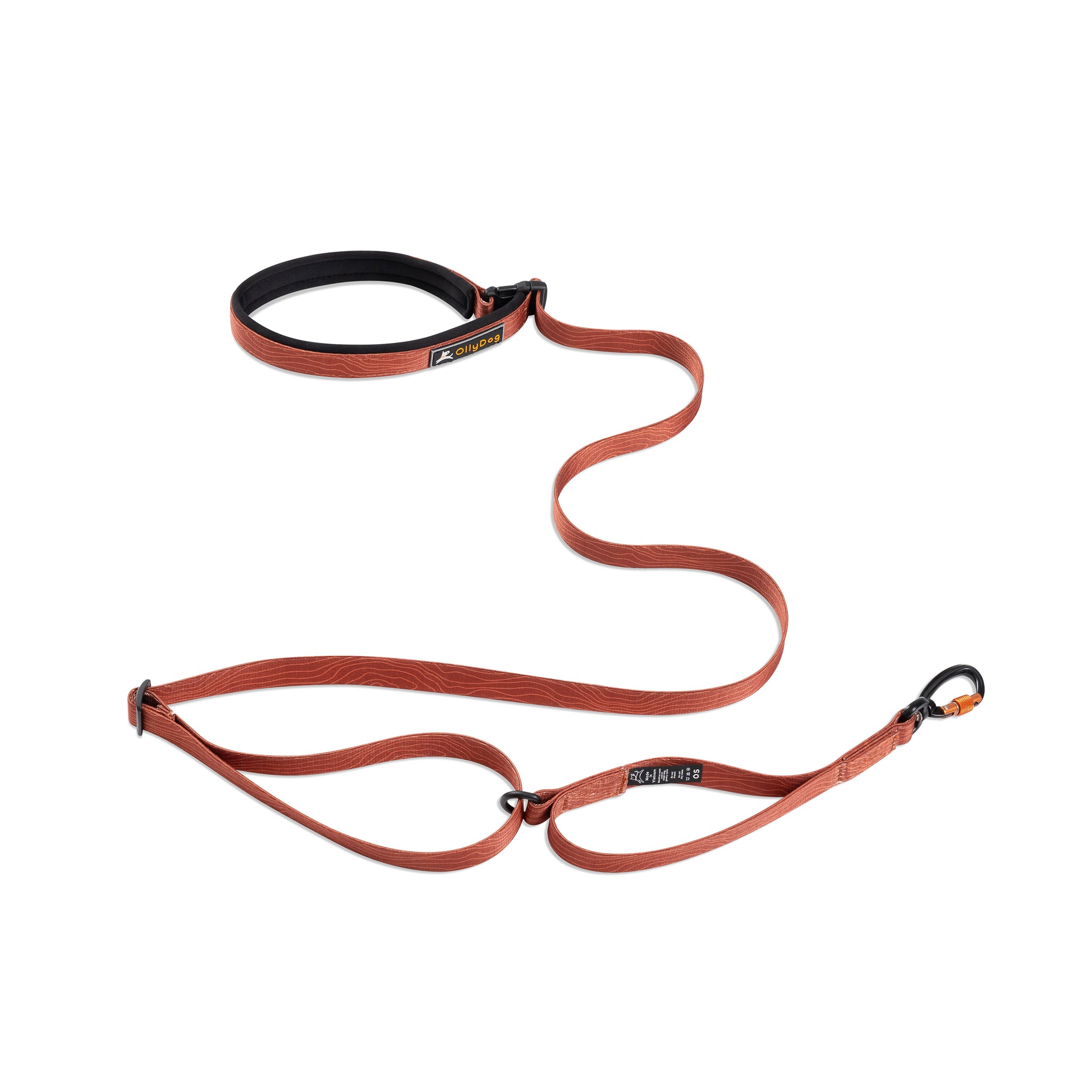OllyDog Flagstaff Adjustable Leash in Clay Woodgrain color, displayed laid out flat. Features a padded handle, sturdy polyester sublimation webbing, adjustable waist belt, and a swivel carabiner hook for secure and versatile dog walking #color_clay woodgrain