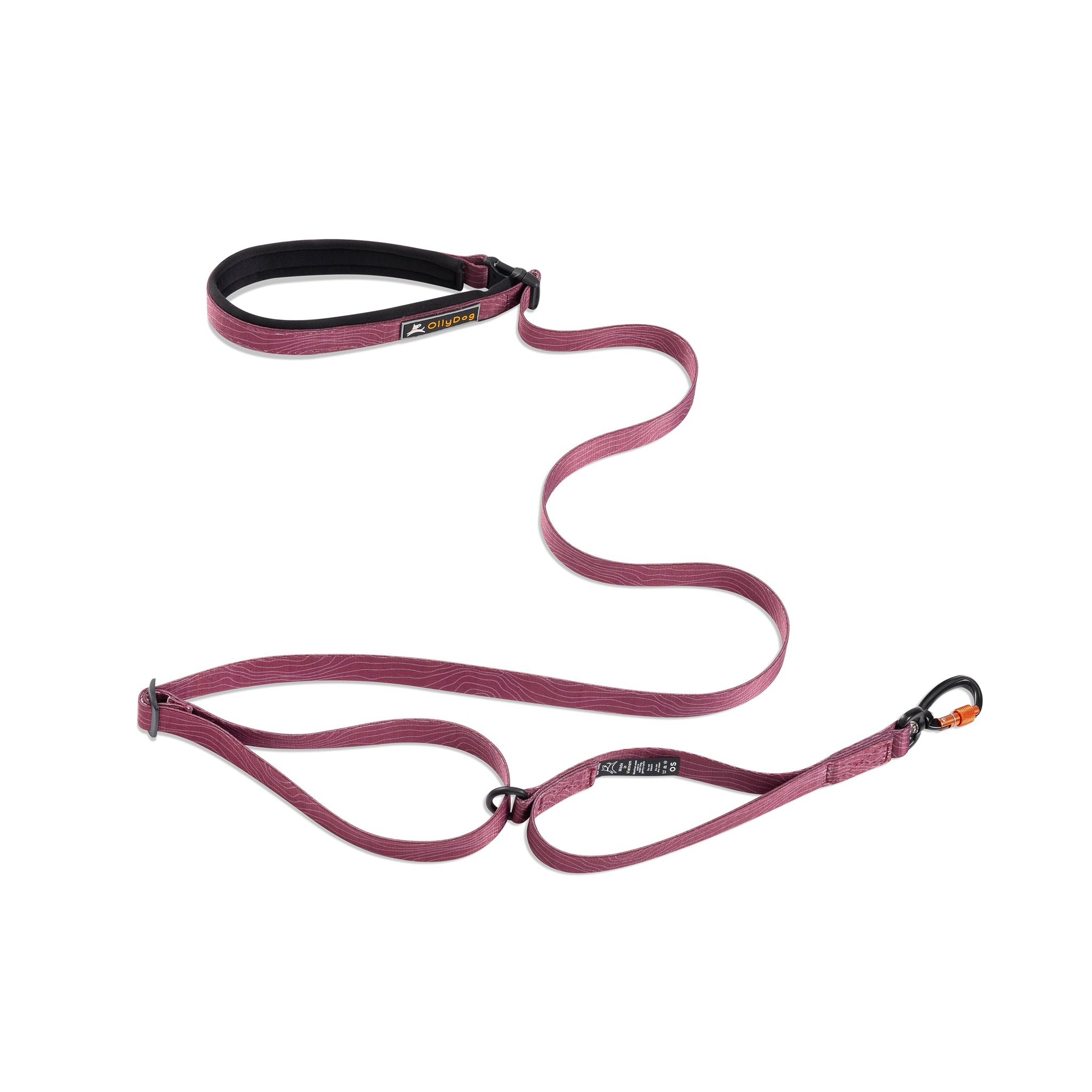 Flat lay of the OllyDog Flagstaff Adjustable Dog Leash in Rosewood Woodgrain color. Features include a padded handle, adjustable length, sturdy polyester webbing, aluminum D-ring, and swivel carabiner clip with a white background #color_rosewood woodgrain