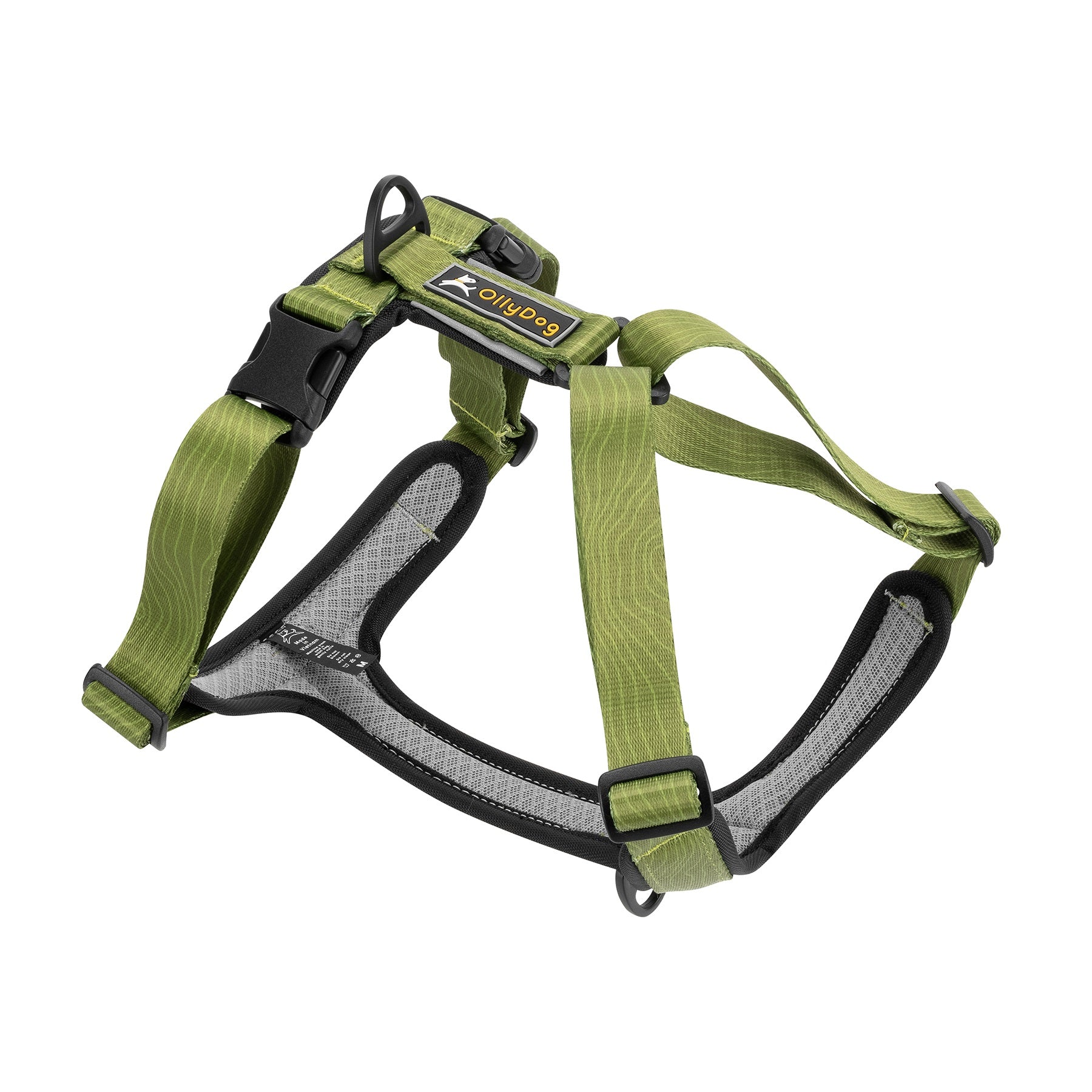Flat lay of OllyDog Alpine Reflective Comfort Harness in cactus woodgrain color, showing neoprene-lined straps, reflective piping, and aluminum hardware #color_cactus woodgrain