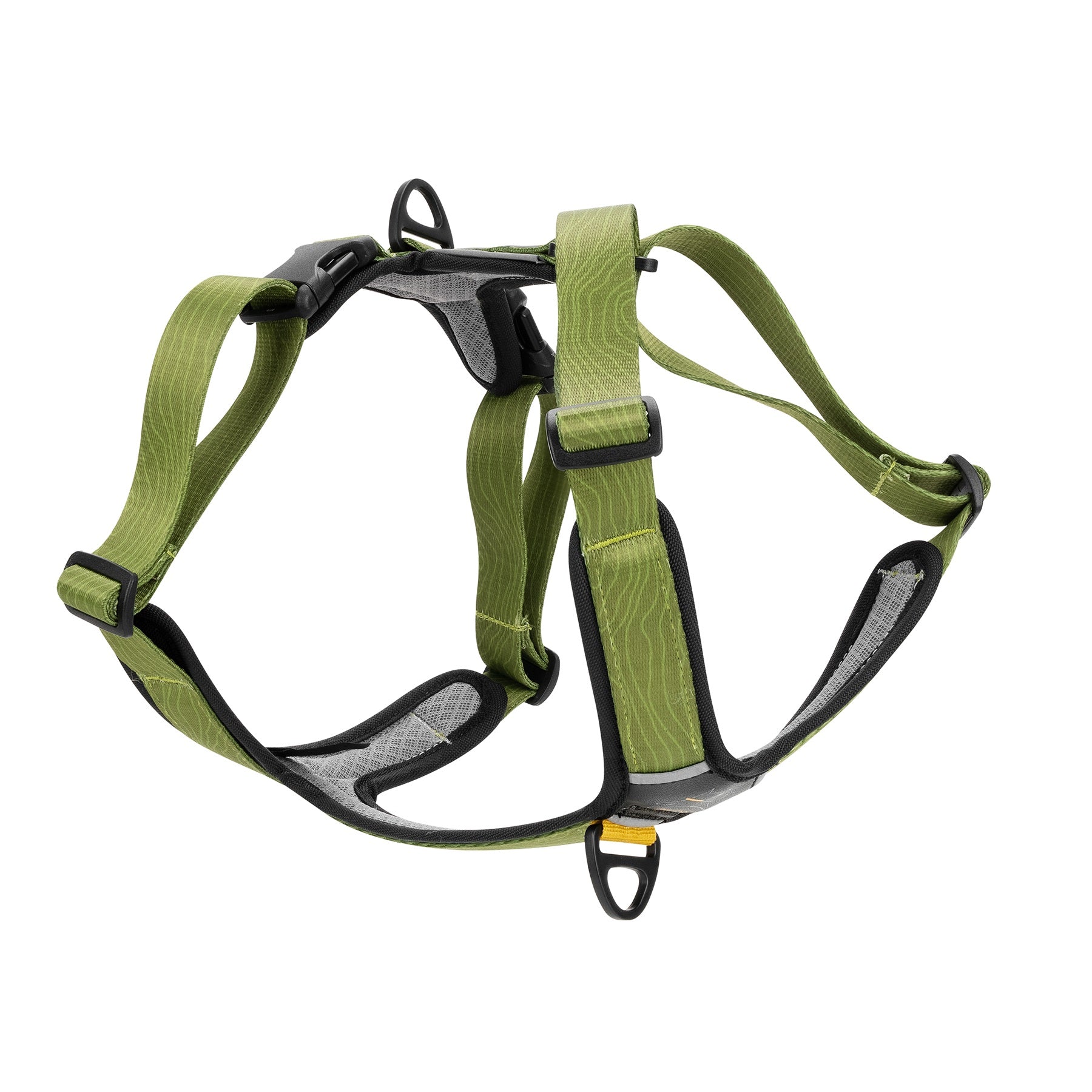 Rear angled view of OllyDog Alpine Reflective Comfort Harness in cactus woodgrain color, highlighting breathable neoprene padding, adjustable straps, and dual D-ring attachment points #color_cactus woodgrain