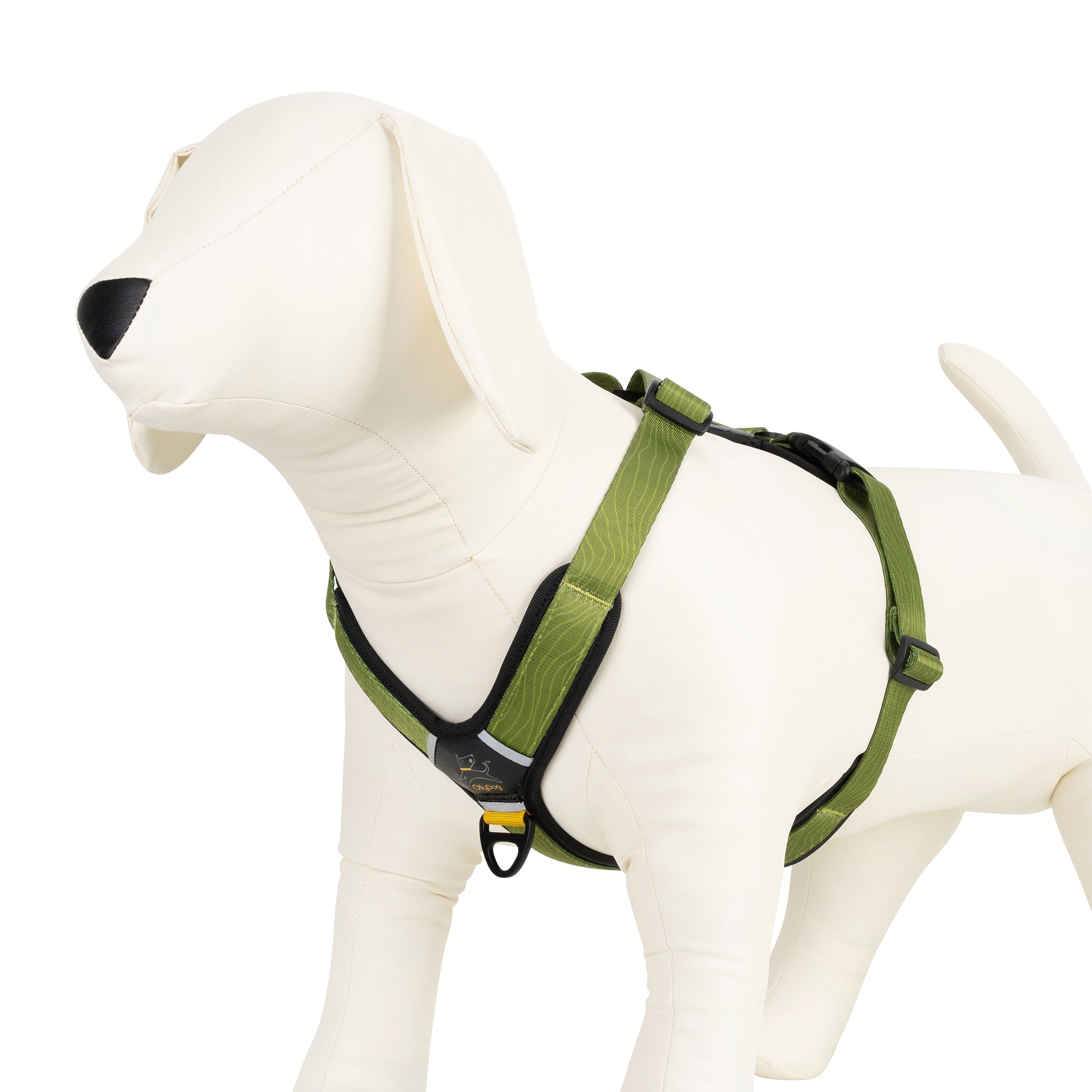 Side view of OllyDog Alpine Reflective Comfort Harness in cactus woodgrain color, shown on a cream mannequin dog to highlight fit, adjustable straps, and padded chest panel #color_cactus woodgrain