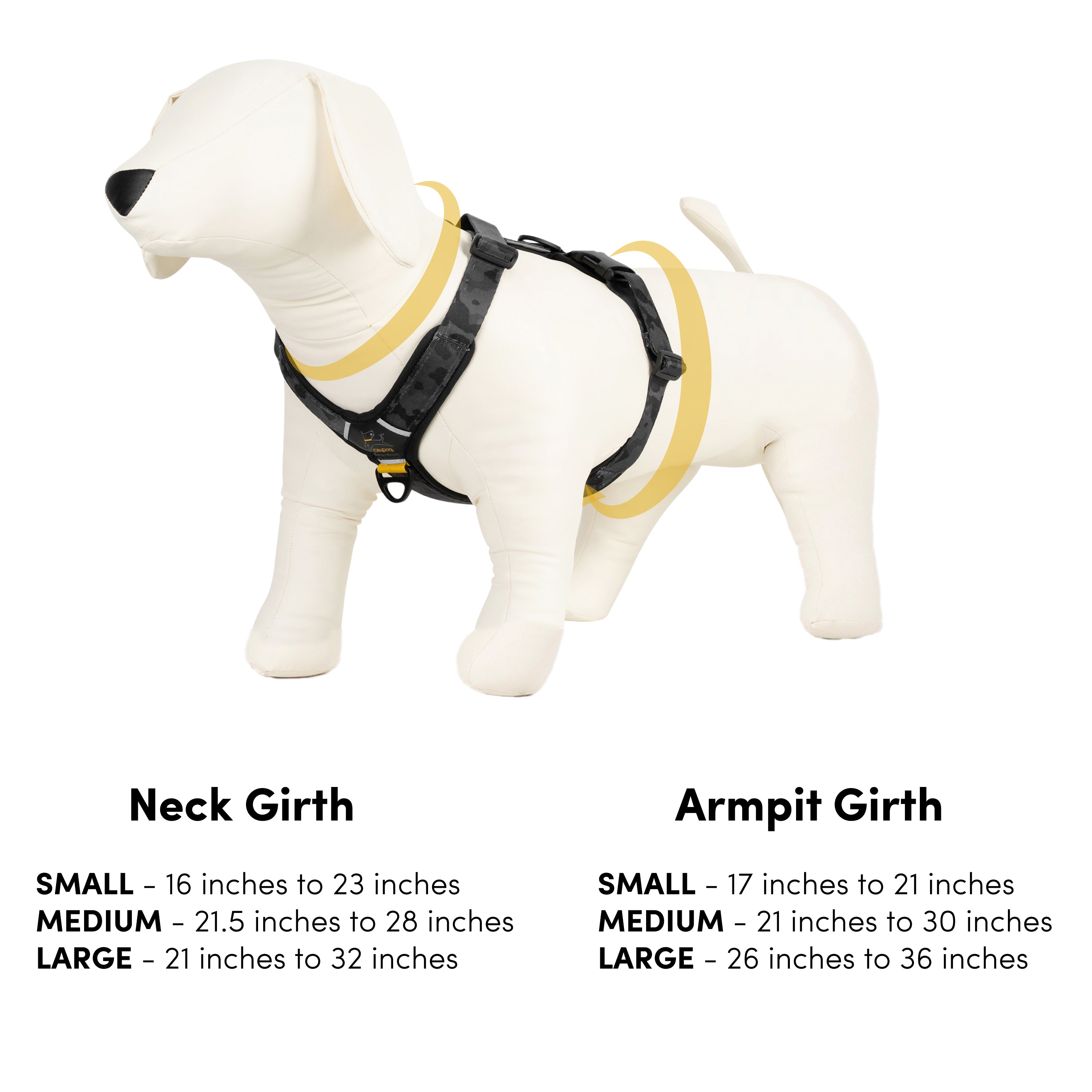 Size chart for OllyDog Alpine Reflective Comfort Harness shown on a mannequin dog, with highlighted neck and armpit girth areas and detailed measurements for small, medium, and large sizes #color_cactus woodgrain