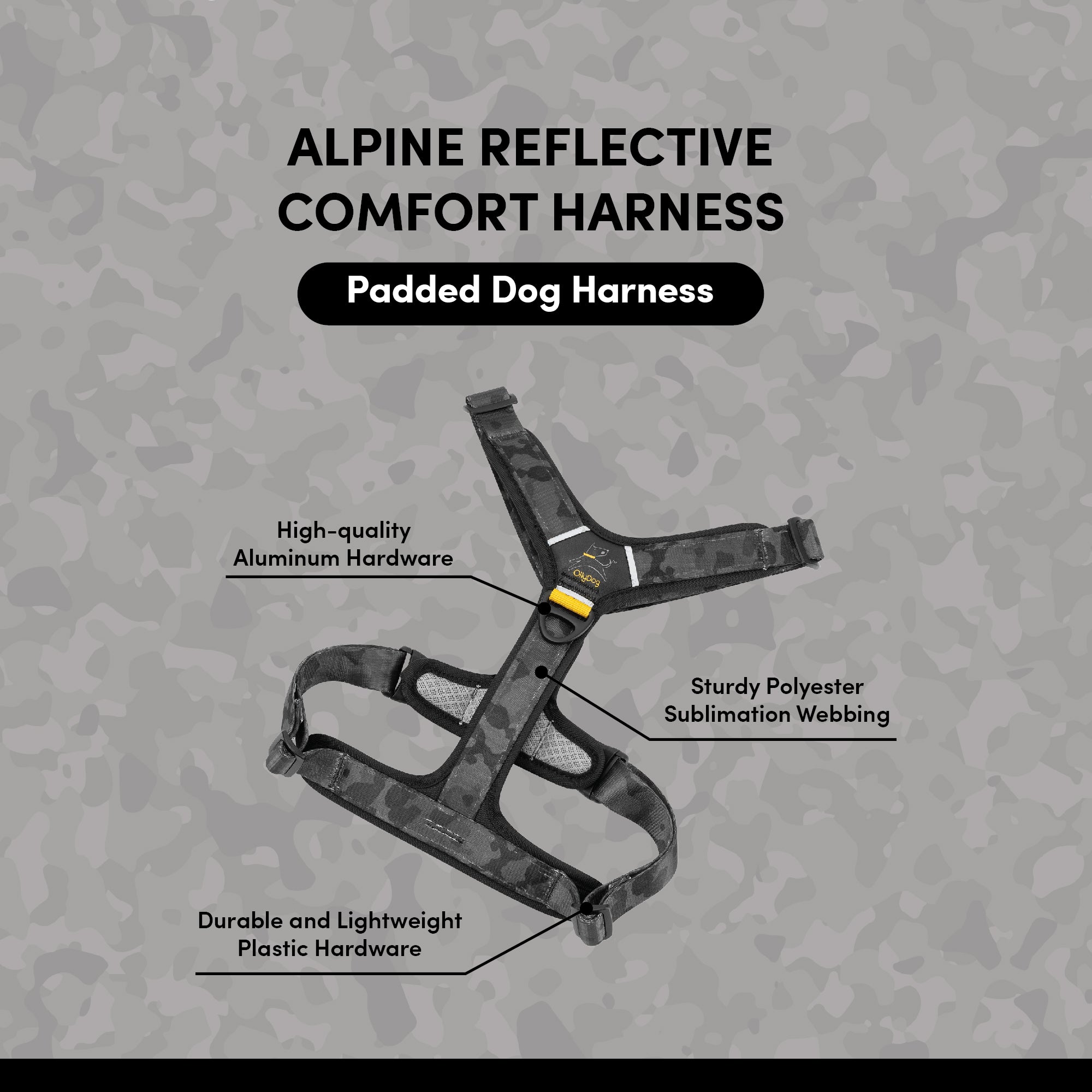 Infographic of OllyDog Alpine Reflective Comfort Harness in Dream Camo color, showing the harness on a camouflage background. Text highlights include 'High-quality Aluminum Hardware,' 'Sturdy Polyester Sublimation Webbing,' and 'Durable and Lightweight Plastic Hardware #color_dream camo