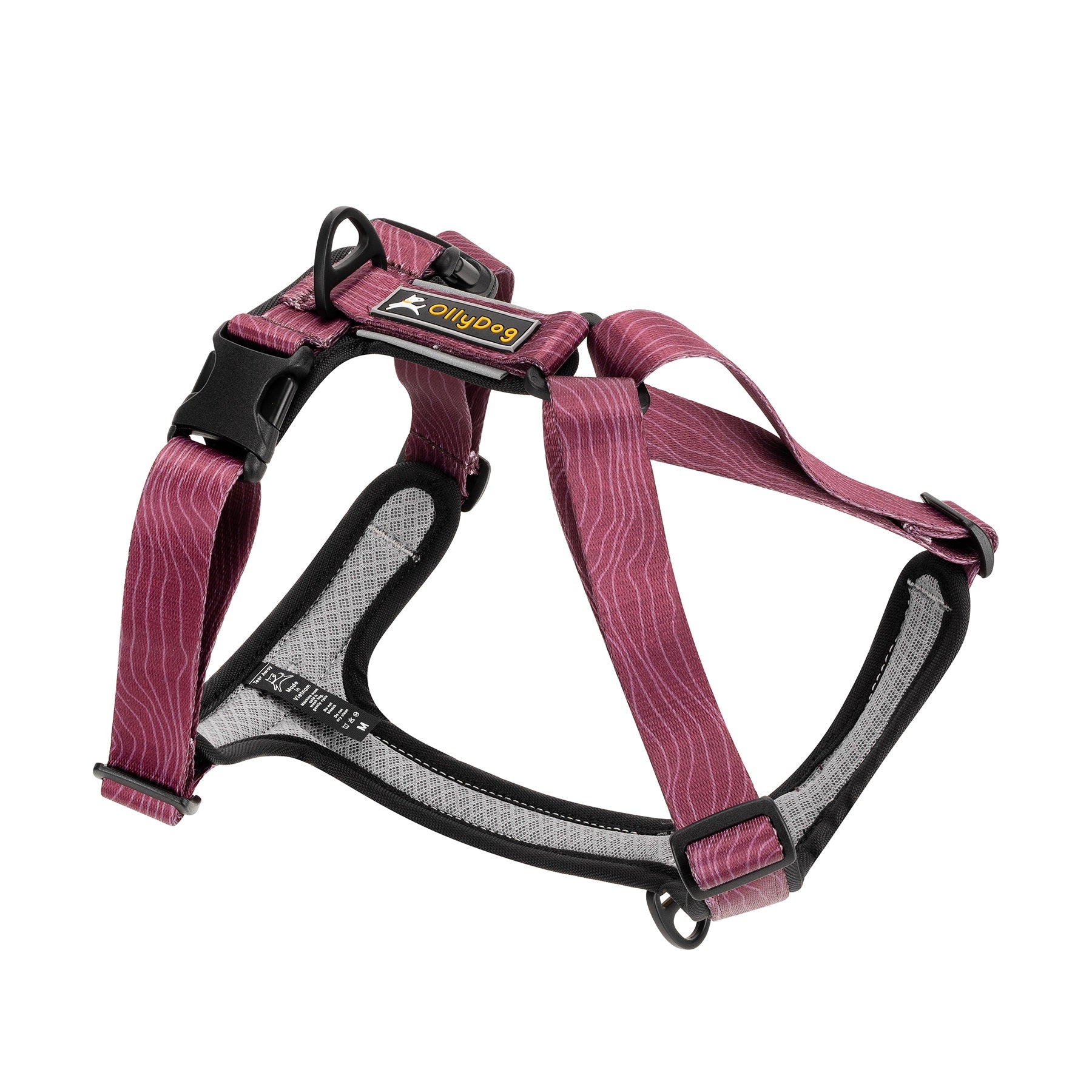 Side view of OllyDog Alpine Reflective Comfort Harness in rosewood woodgrain color, featuring neoprene padding, adjustable straps, sturdy aluminum D-rings, and reflective trim for enhanced visibility #color_rosewood woodgrain