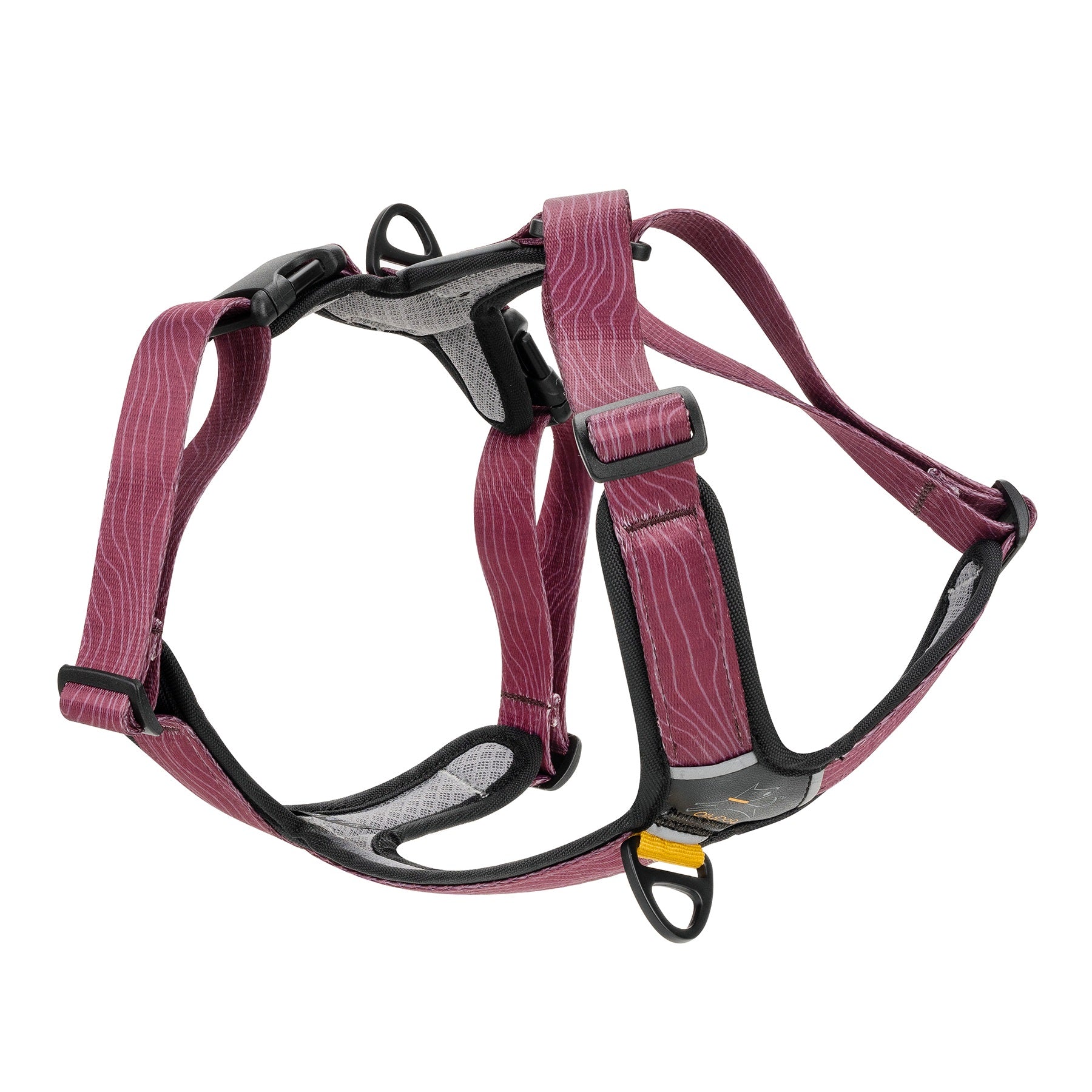 Back angled view of OllyDog Alpine Reflective Comfort Harness in rosewood woodgrain color, showing breathable neoprene padding, adjustable straps, aluminum D-rings, and reflective piping for safety #color_rosewood woodgrain