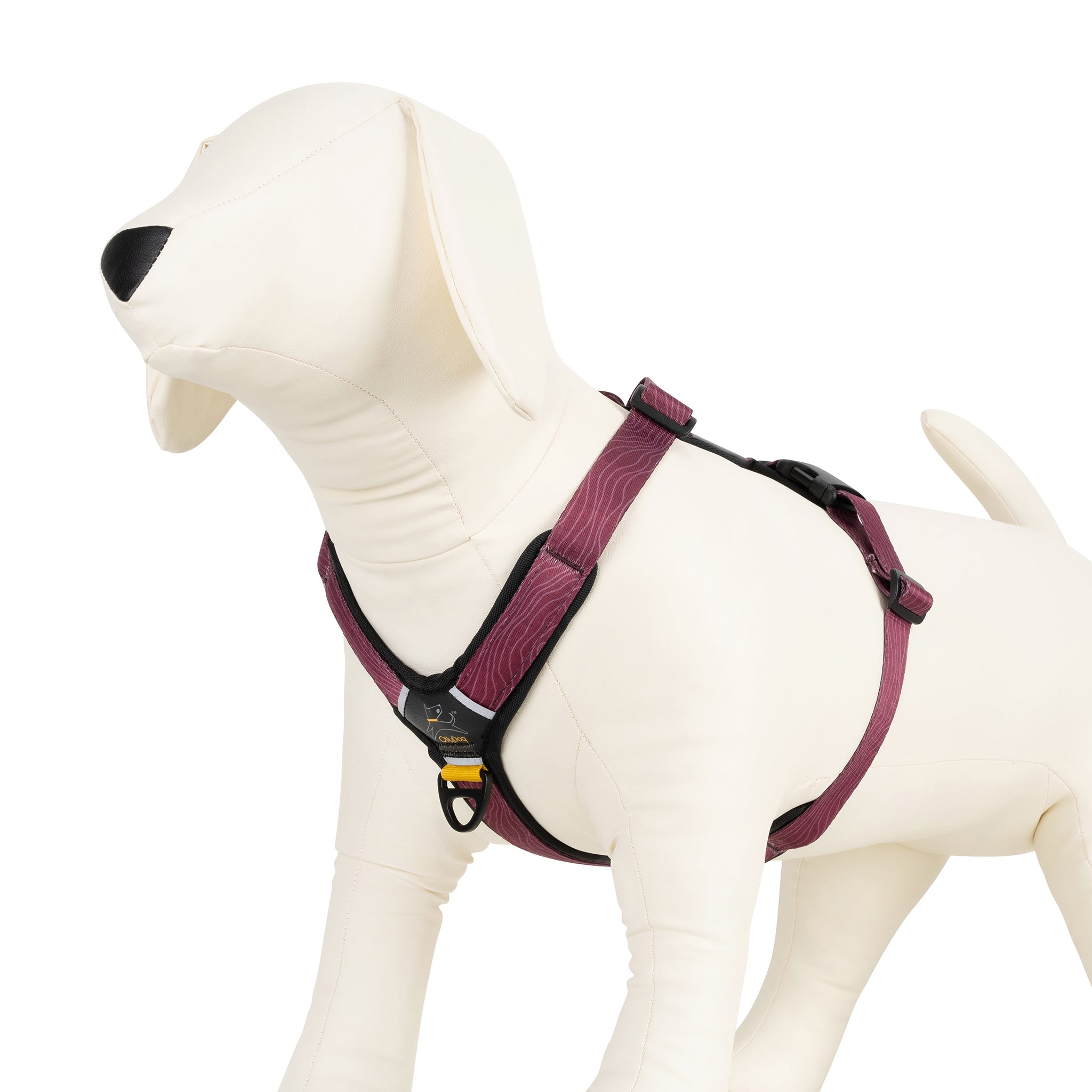 Side view of OllyDog Alpine Reflective Comfort Harness in rosewood woodgrain color, displayed on a cream dog mannequin, showing padded chest strap, adjustable buckles, and reflective piping #color_rosewood woodgrain