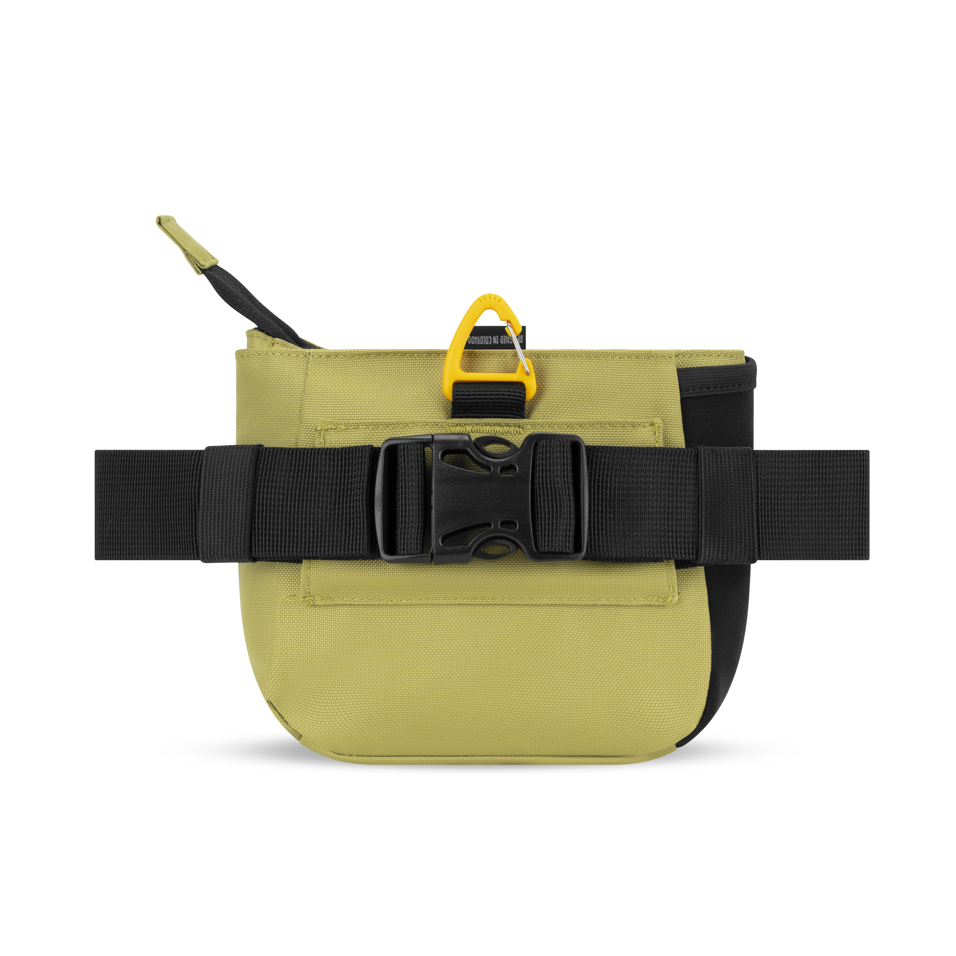 Back view of the OllyDog Backcountry Day Bag in Alchemy, featuring adjustable black waist belt, secure buckle, and yellow D-ring clip #color_alchemy