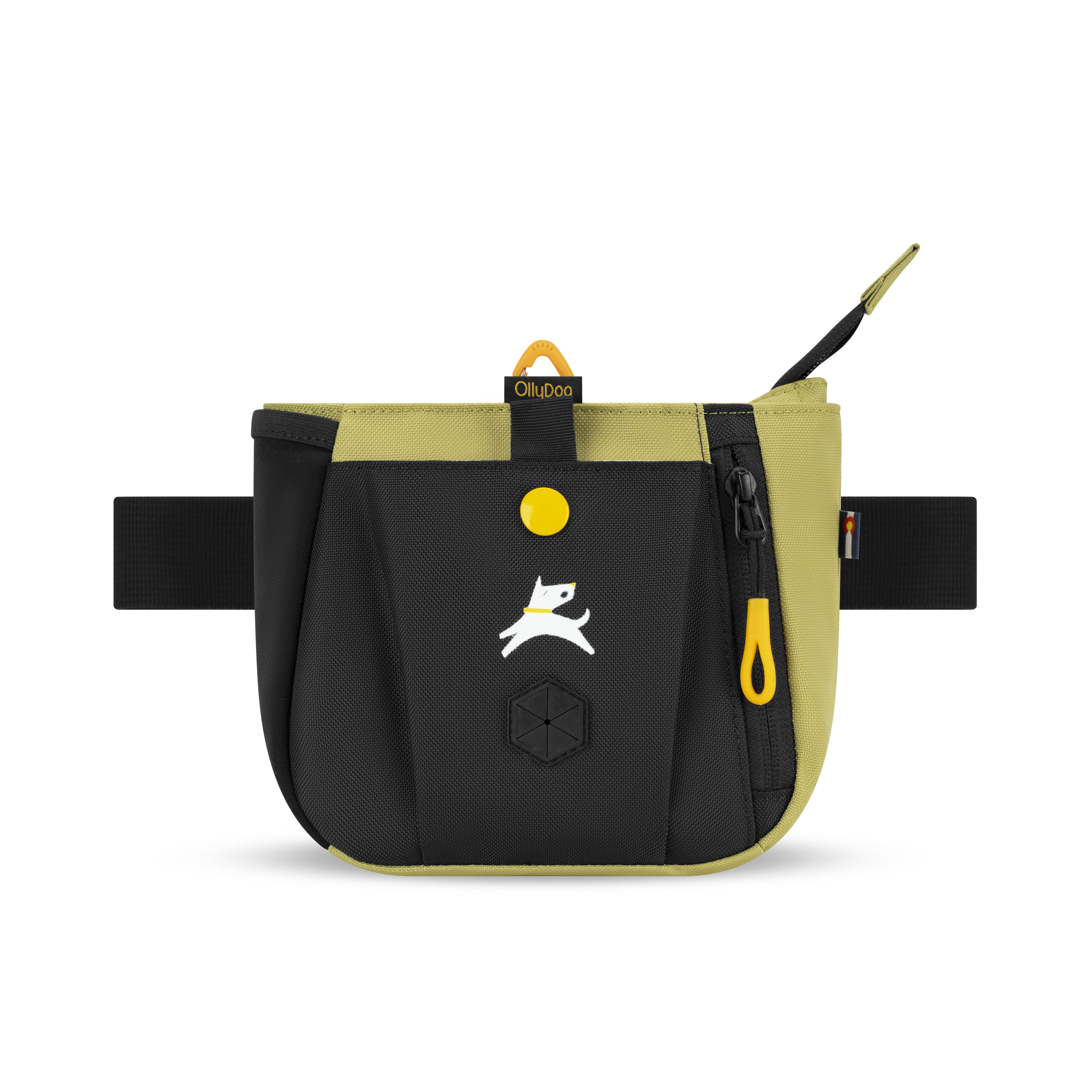 Front view of the OllyDog Backcountry Day Bag in Alchemy, showing dog treat pocket, zippered waste bag compartment, and durable recycled fabric #color_alchemy