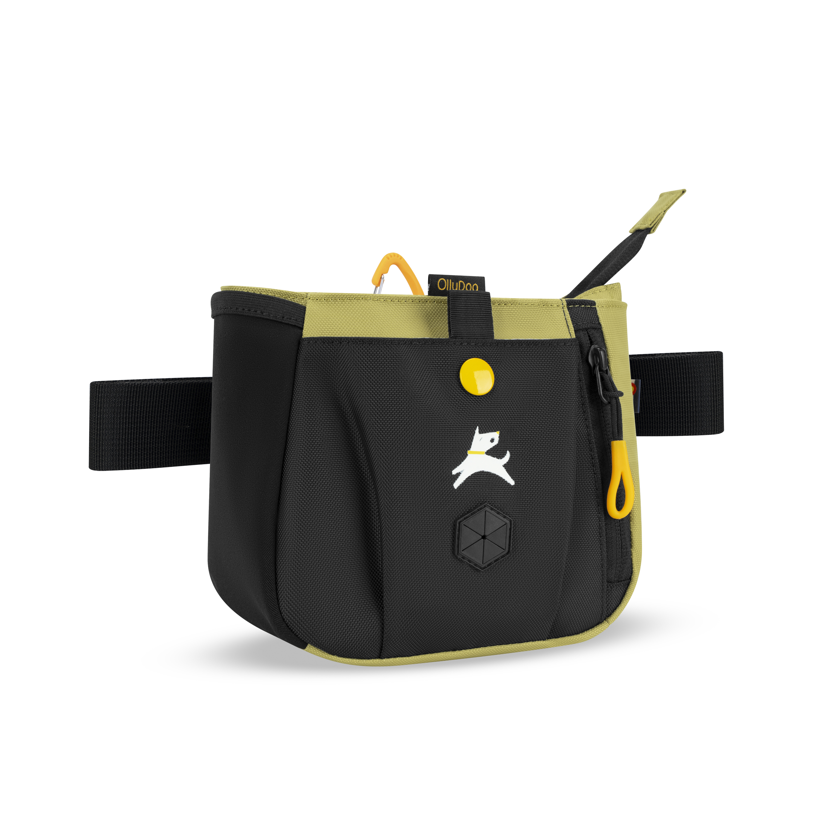 Side view of the OllyDog Backcountry Day Bag in Alchemy, featuring zippered treat pouch and built-in waste bag dispenser #color_alchemy