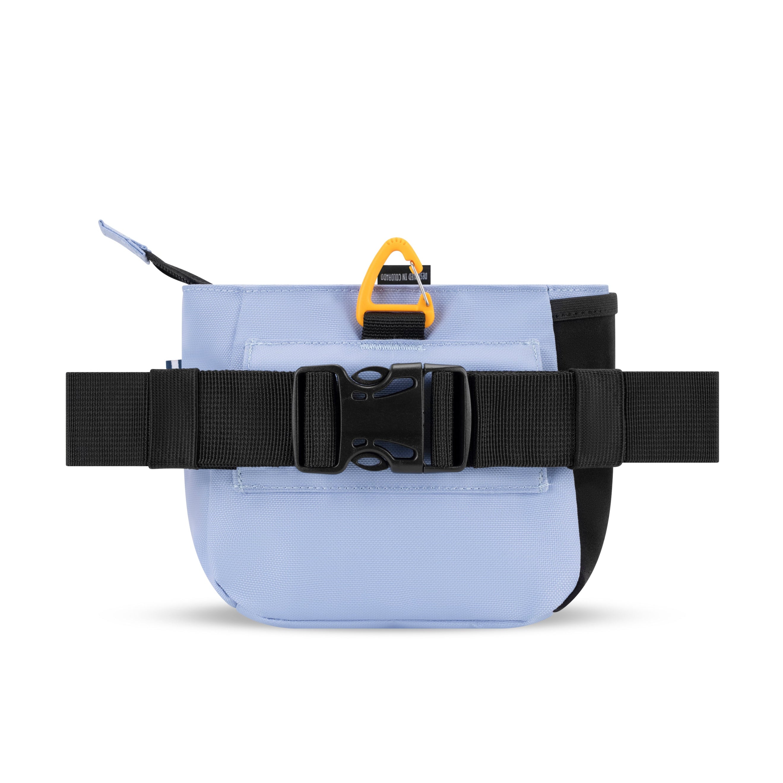 Back view of the OllyDog Backcountry Day Bag in Blue Heron, featuring adjustable black waist belt with secure buckle and D-ring clip #color_blue heron