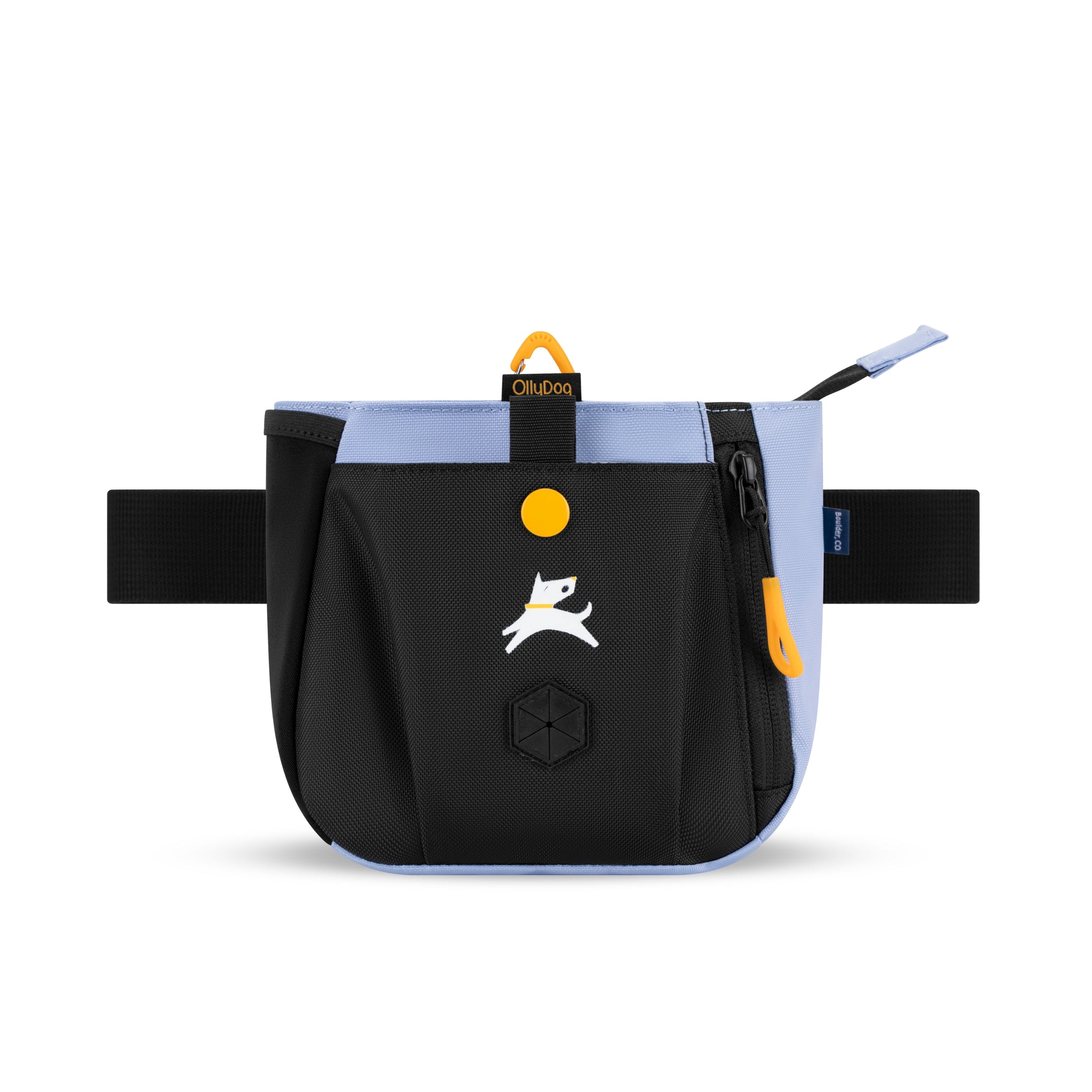 Front view of the OllyDog Backcountry Day Bag in Blue Heron, featuring recycled fabric, treat pocket, and waste bag dispenser #color_blue heron