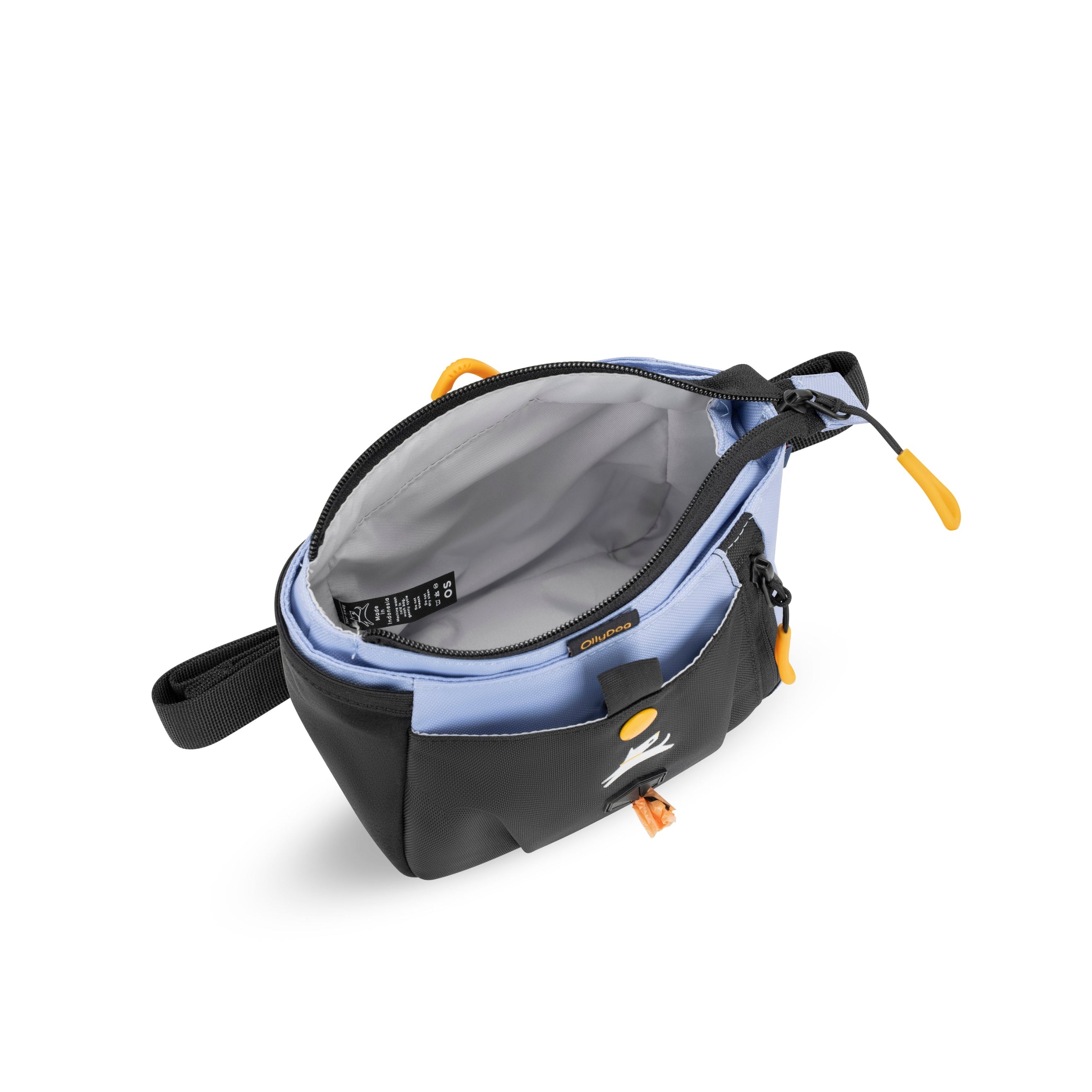 Top interior view of the OllyDog Backcountry Day Bag in Blue Heron, showing spacious main compartment with light gray lining #color_blue heron