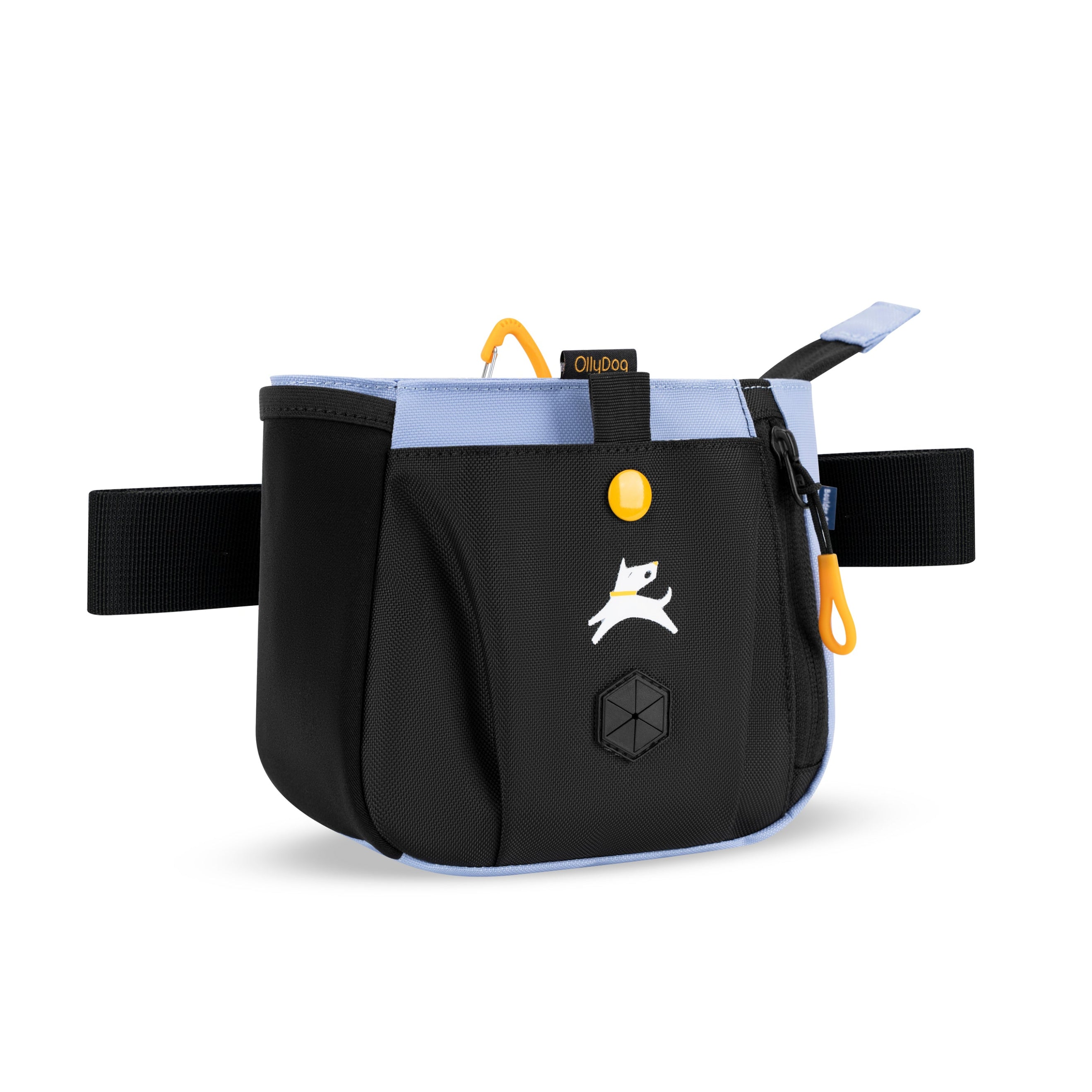 Side view of the OllyDog Backcountry Day Bag in Blue Heron color, featuring treat pouch and waste bag dispenser #color_blue heron