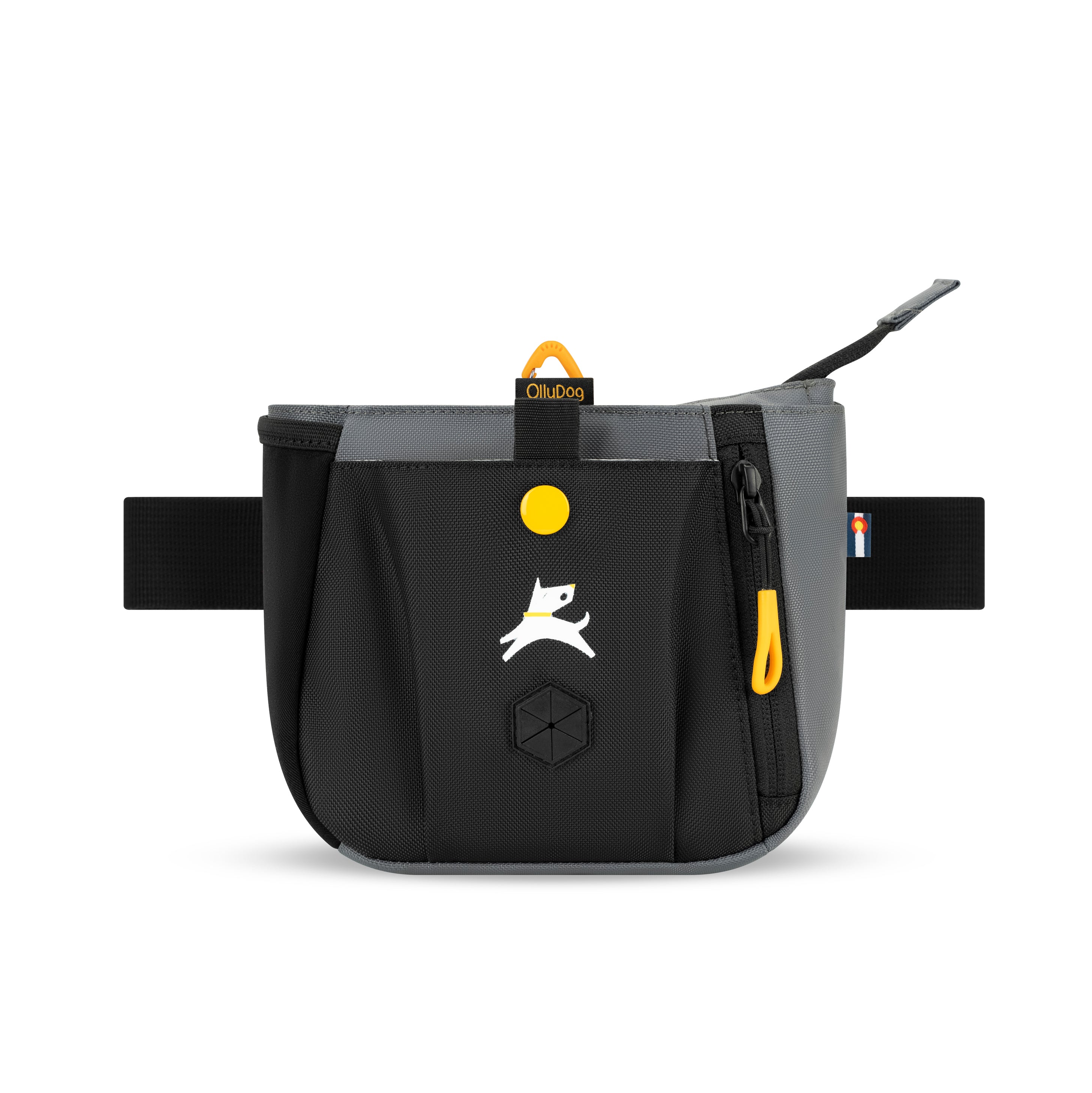 Front view of the OllyDog Backcountry Day Bag in Castle Rock, with treat pouch, zippered pocket, and recycled polyester construction #color_castle rock