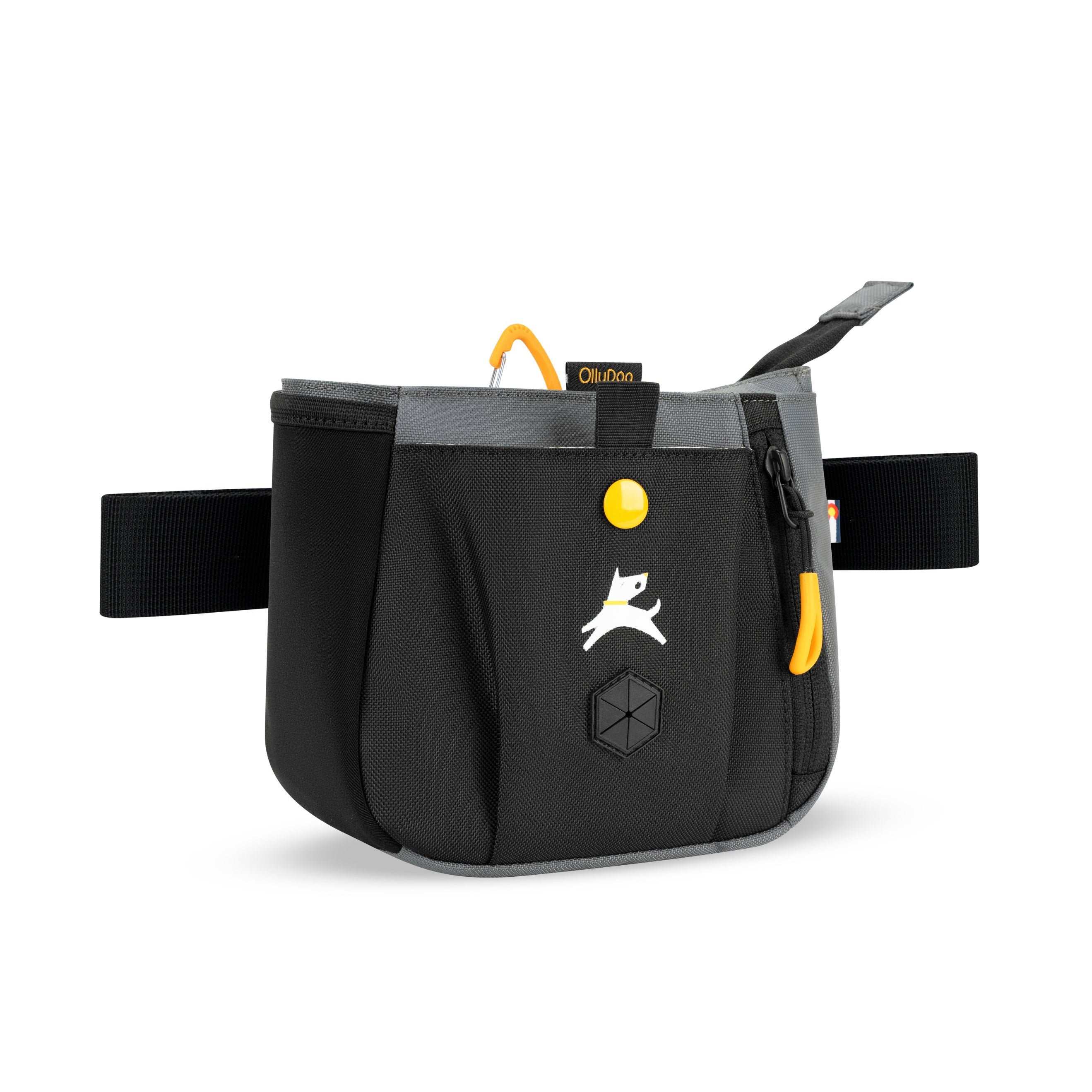 Side view of the OllyDog Backcountry Day Bag in Castle Rock, showing treat pocket, waste bag dispenser, and recycled material design #color_castle rock