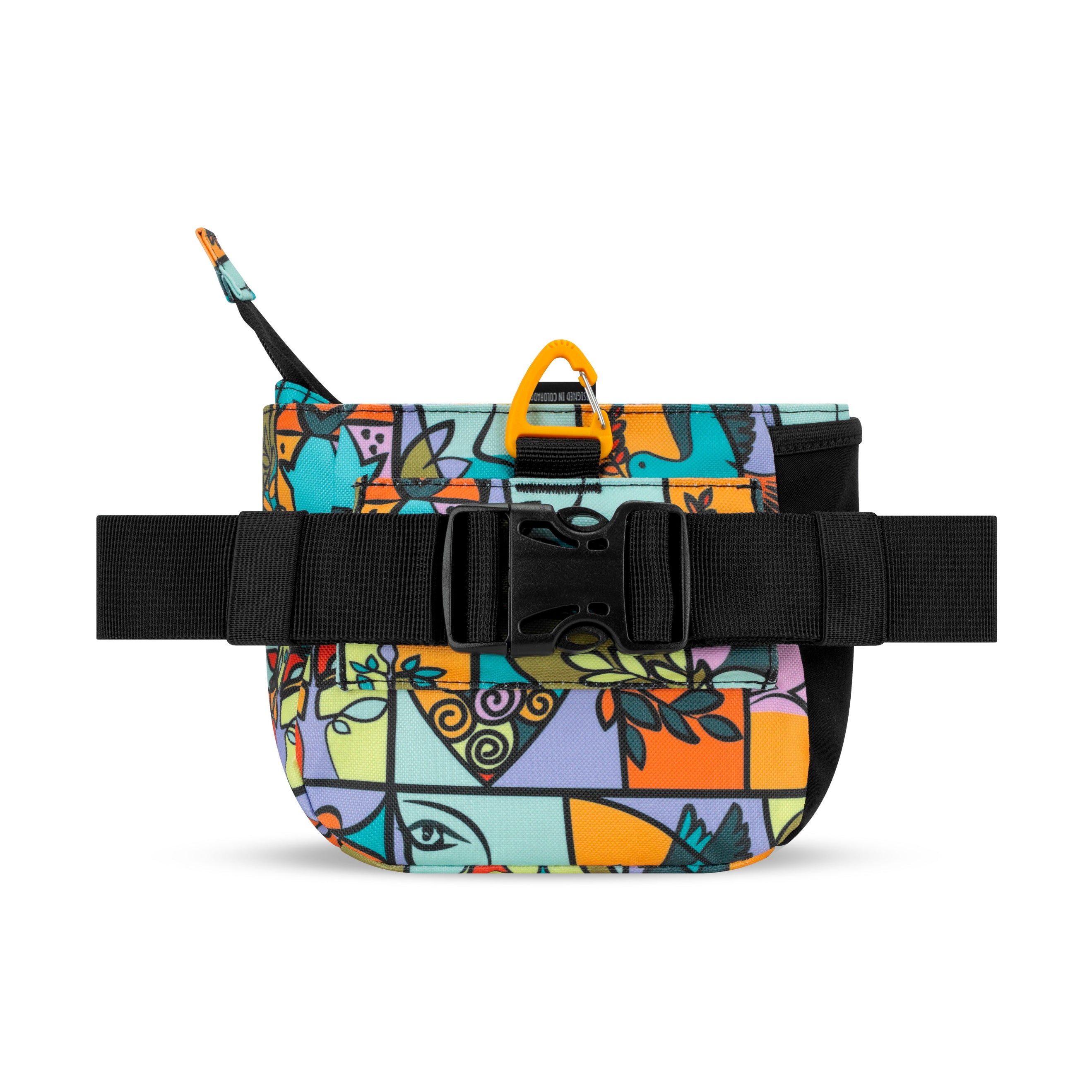 Back view of the OllyDog Backcountry Day Bag in Cloud9, showcasing colorful abstract pattern, adjustable black waist belt, and buckle closure #color_cloud9