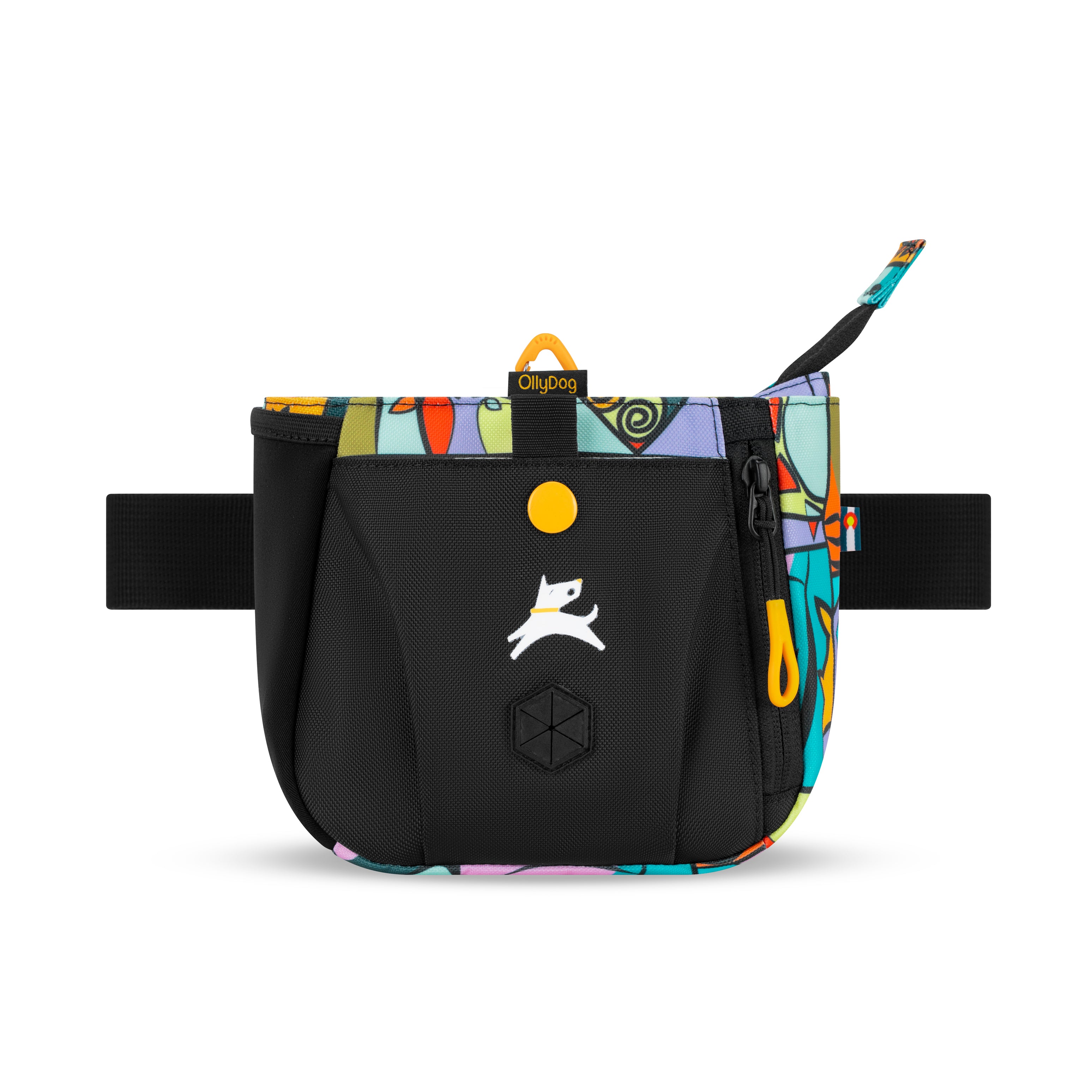 Front view of the OllyDog Backcountry Day Bag in Cloud9, featuring a colorful abstract trim, treat pouch, and zippered waste bag pocket #color_cloud9