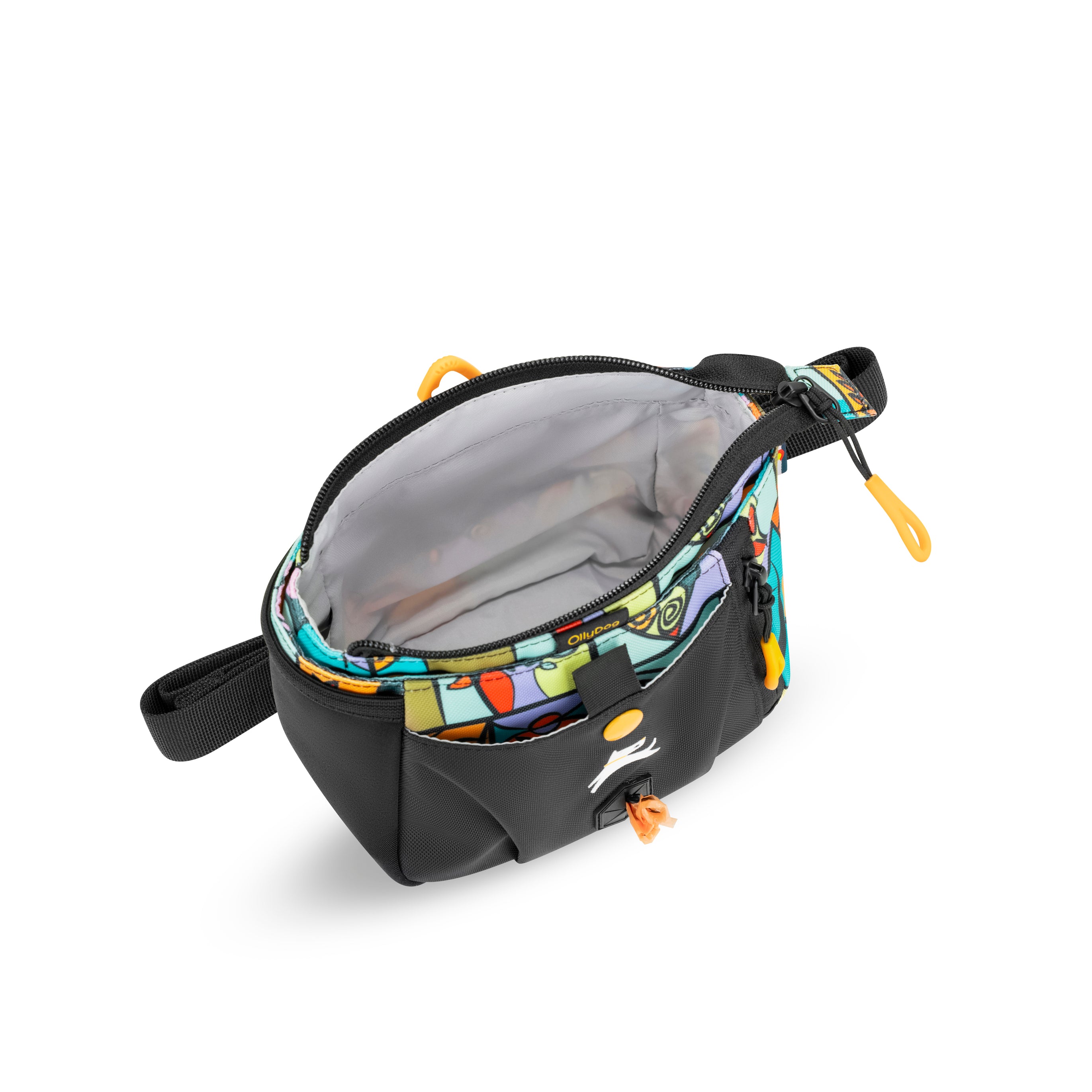 Top interior view of the OllyDog Backcountry Day Bag in Cloud9, showing gray-lined main compartment with colorful trim and zipper closure #color_cloud9