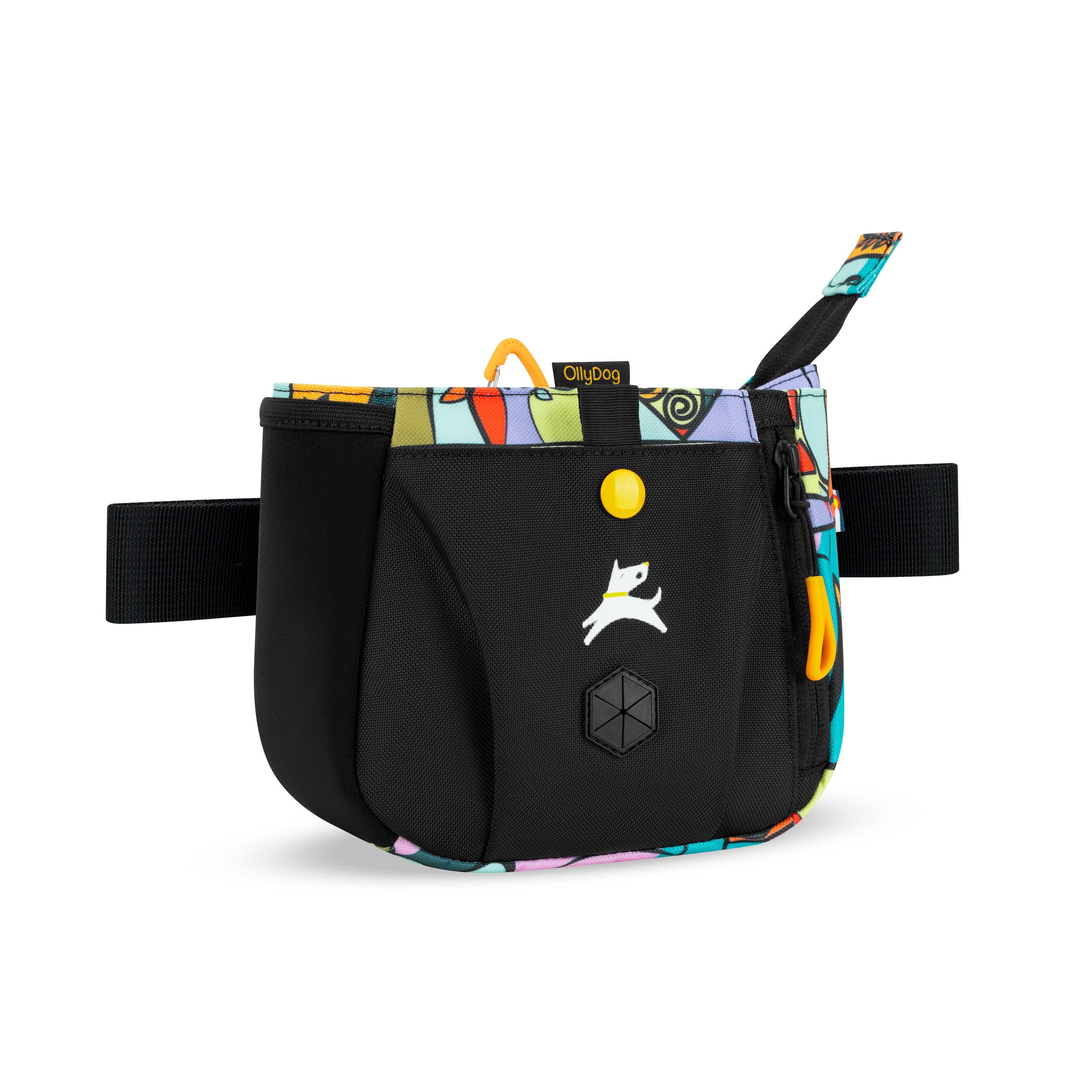 Side view of the OllyDog Backcountry Day Bag in Cloud9, featuring colorful patterned trim, zippered treat pouch, and waste bag dispenser #color_cloud9