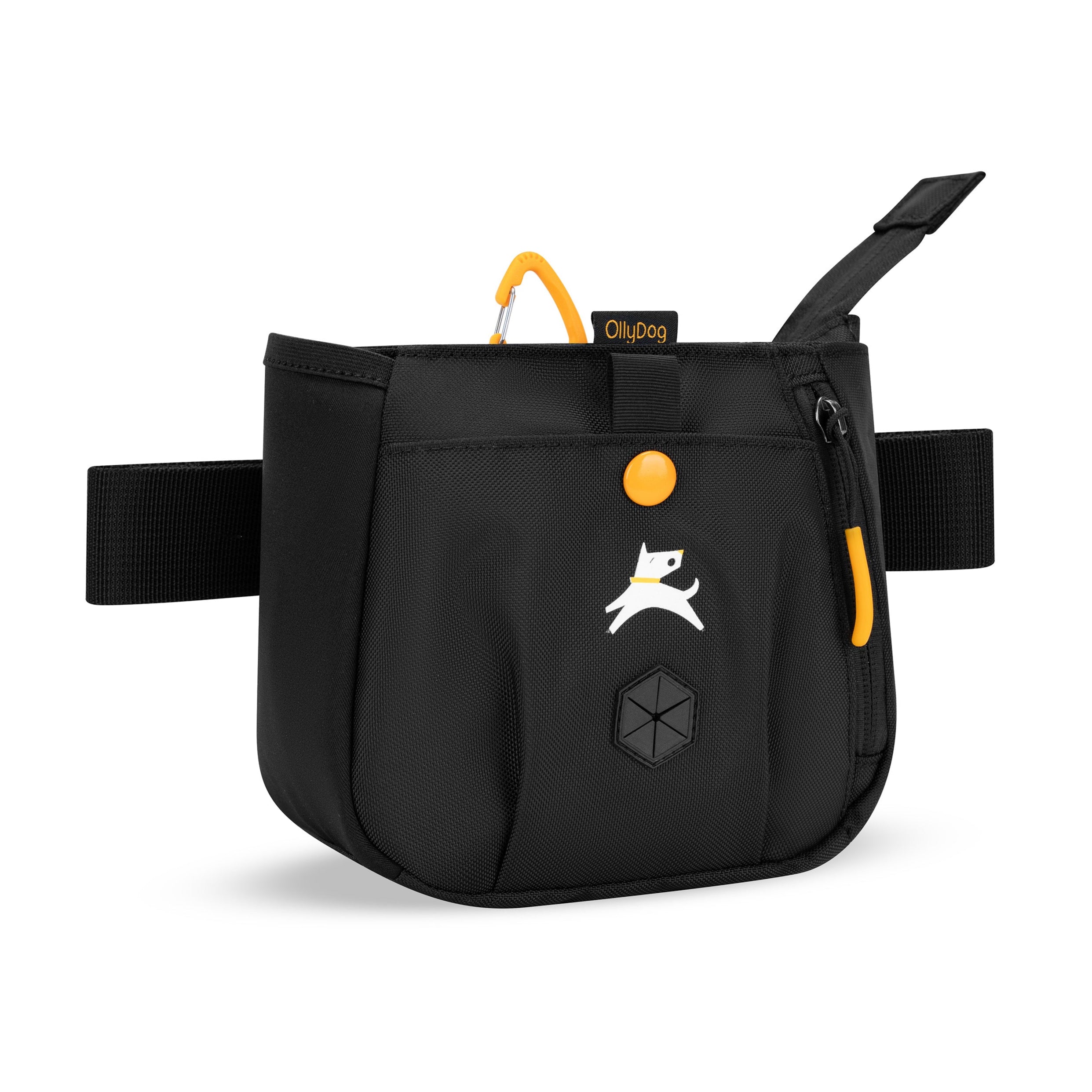 Angled front view of OllyDog’s Backcountry Day Bag in Raven S'25, a versatile dog walking waist pack featuring a zipper closure, dog poop bag holder, and extended side pocket. Ideal for hiking with dogs, this roomy bag offers adjustable straps for hands-free convenience, perfect for dog friendly trails and essential dog hiking gear. #color_raven s'25