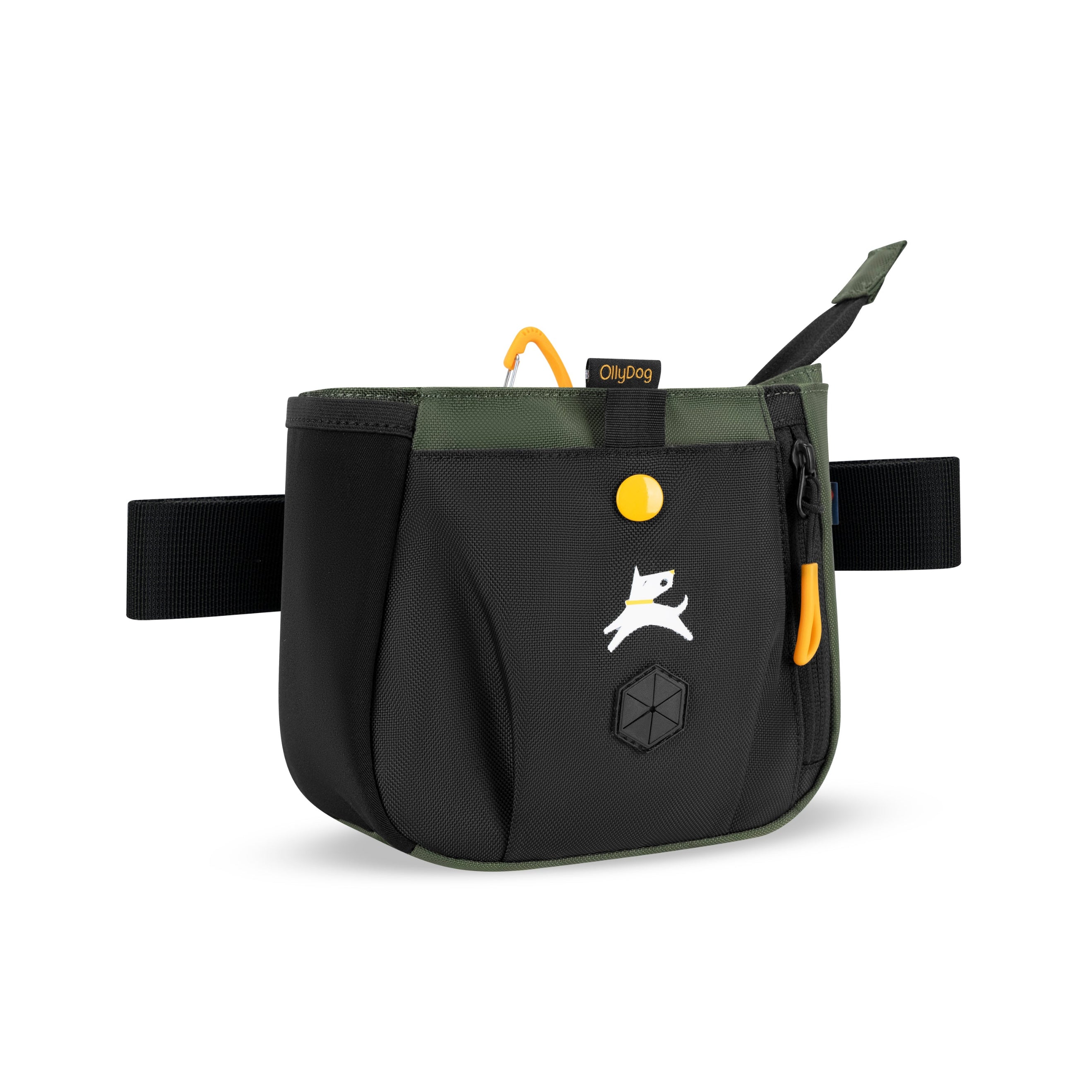 Front view of OllyDog Backcountry Day Bag waist pack in Winter Moss color, made from recycled polyester, with dog treat pouch and waste bag dispenser #color_winter moss