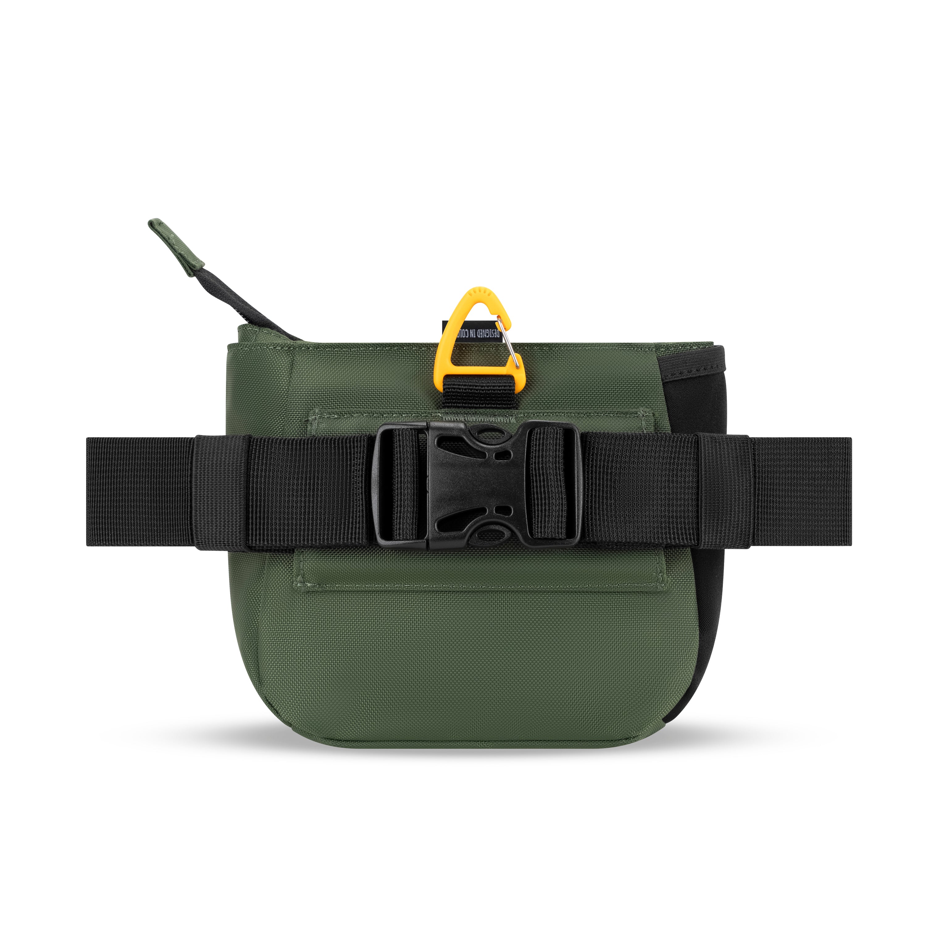 Back view of the OllyDog Backcountry Day Bag in Winter Moss, featuring adjustable waist belt and plastic buckle for secure fit #color_winter moss