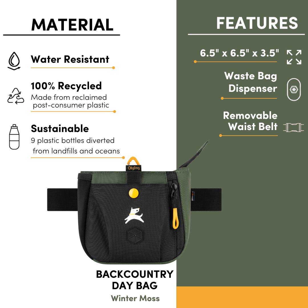 Feature callout infographic of the OllyDog Backcountry Day Bag in Winter Moss, highlighting water resistance, recycled material, waste bag dispenser, and removable waist belt #color_winter moss