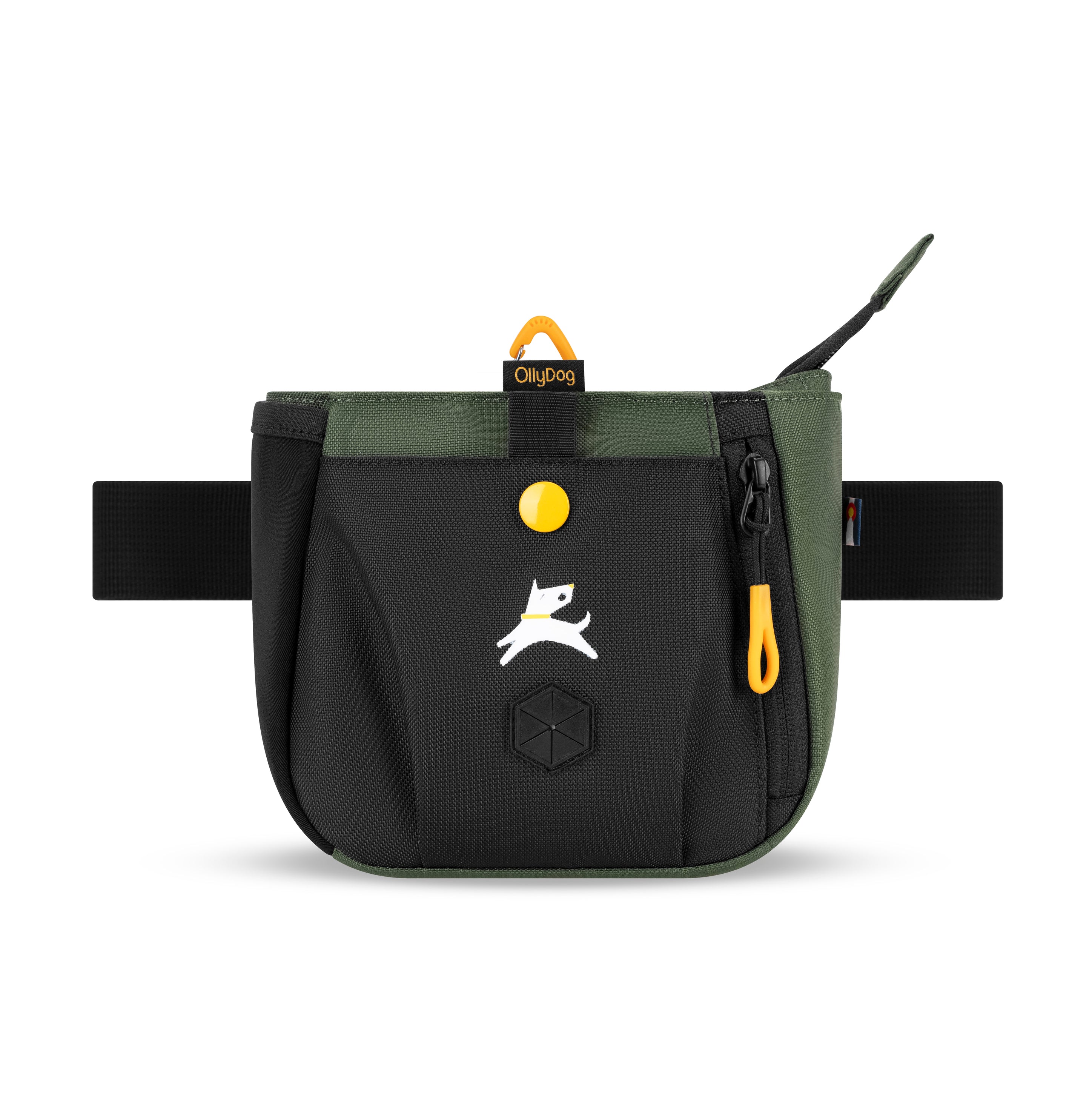 Front-facing view of the OllyDog Backcountry Day Bag in Winter Moss color, a recycled polyester waist pack with treat storage and waste bag dispenser #color_winter moss