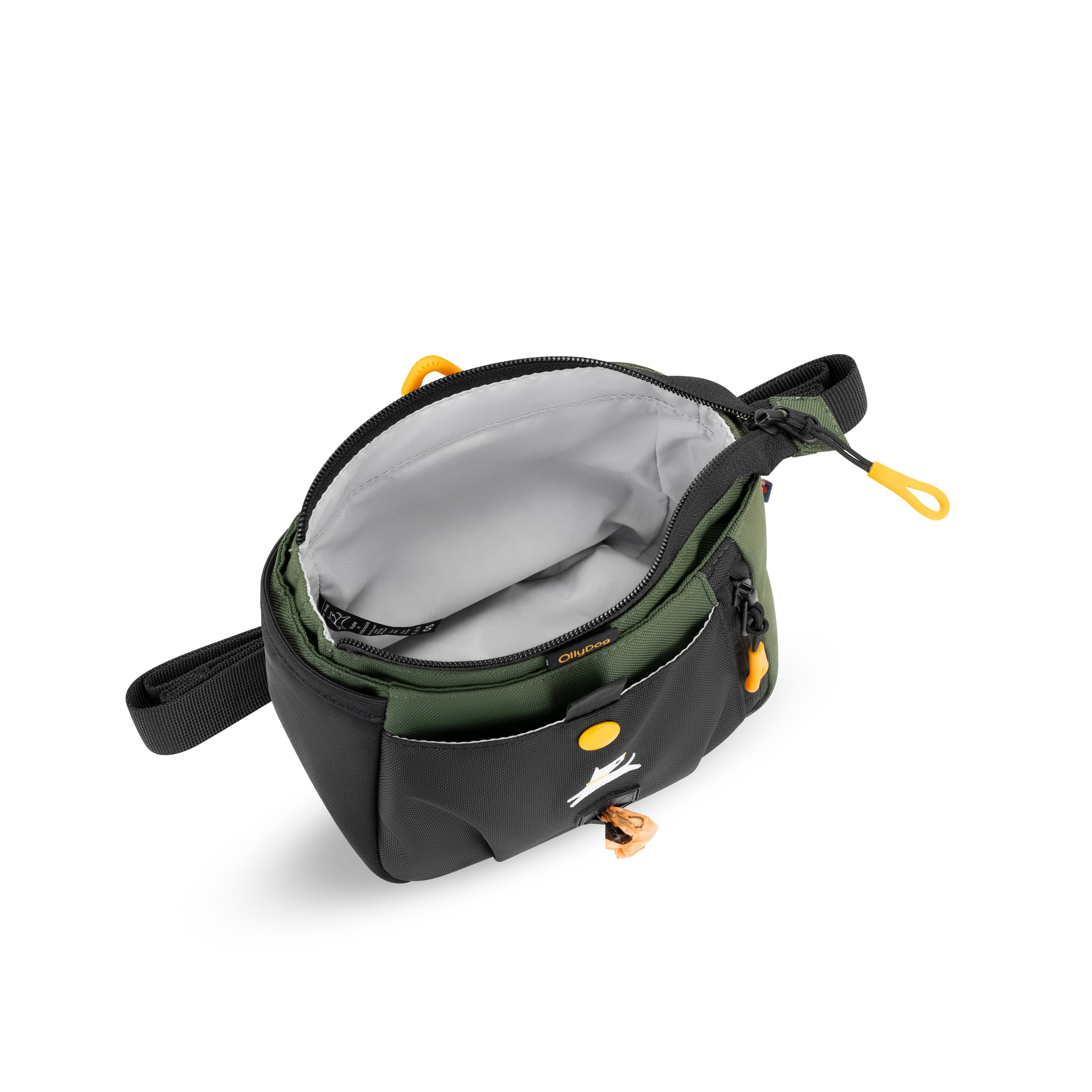 Top interior view of the OllyDog Backcountry Day Bag in Winter Moss, showing spacious main compartment made from recycled polyester #color_winter moss