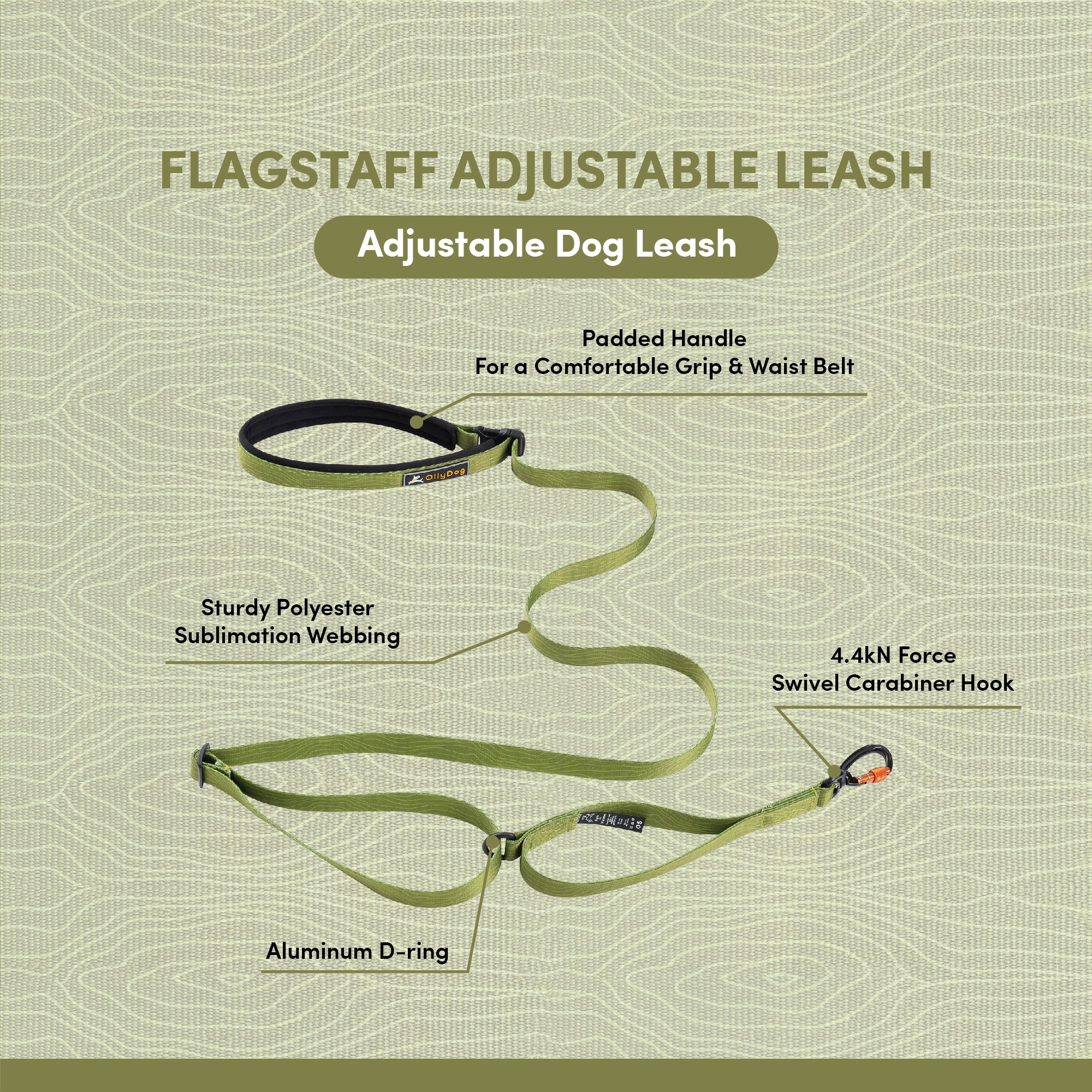 OllyDog Flagstaff Adjustable Leash in Cactus Woodgrain, showcasing key features: padded handle and waist belt, sturdy polyester sublimation webbing, aluminum D-ring, and 4.4kN swivel carabiner hook. Adjustable dog leash designed for comfort and durability #color_cactus woodgrain