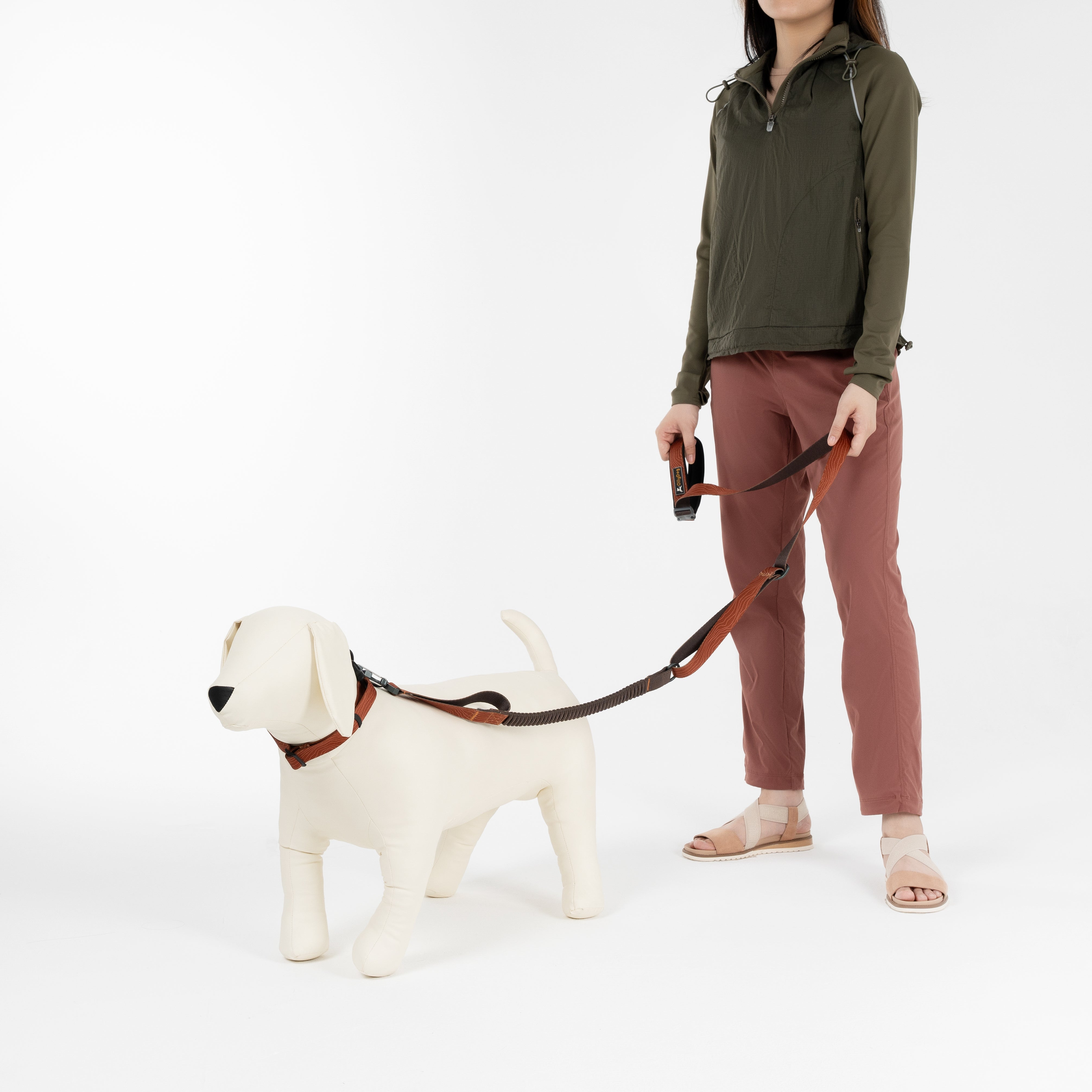 Model holding leash attached to mannequin dog wearing OllyDog Flagstaff Reflective Dog Collar in clay woodgrain color, showing full walking setup with adjustable fit, reflective band, and sturdy webbing, ideal for small to large dogs #color_clay woodgrain