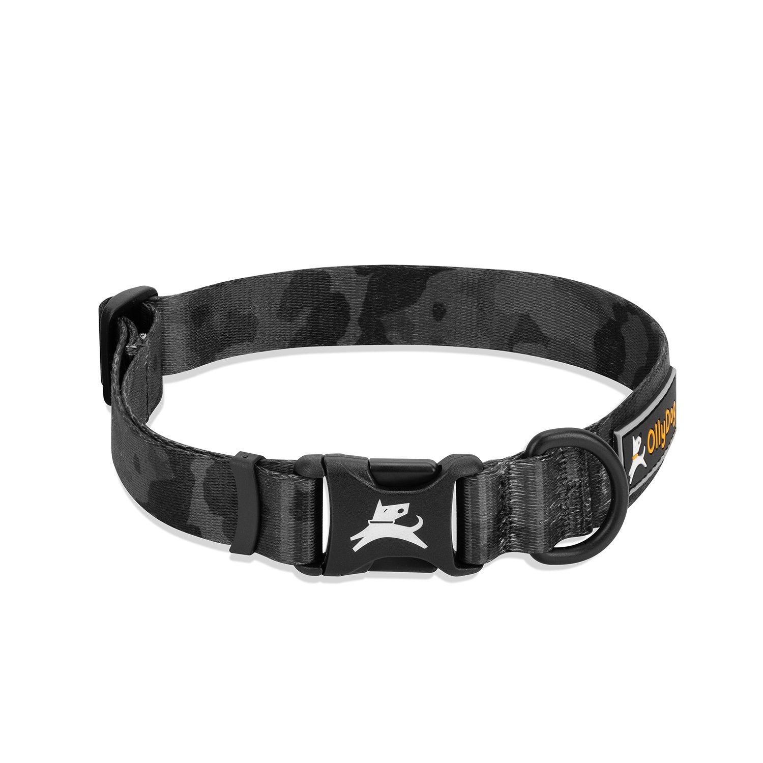 OllyDog Flagstaff Reflective Dog Collar in Dream Camo, black camouflage design, side view showing quick-release buckle, aluminum D-ring, and adjustable durable polyester webbing #color_dream camo